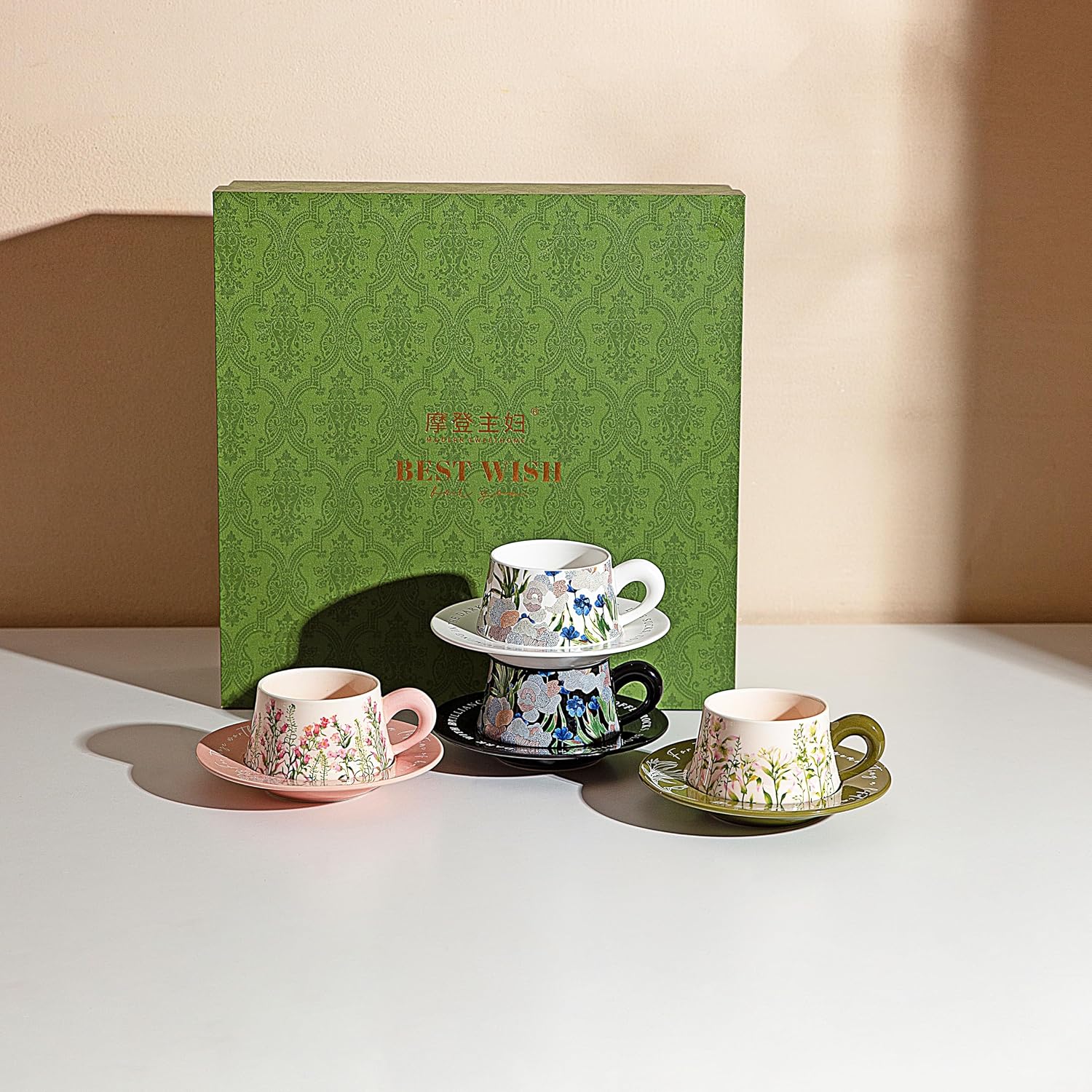 Floral Coffee Cup and Saucer Set of 4, Assorted Spring Flower Tea Cups with Saucers, Premium Ceramic Tea Set in Gift Box, Microwave & Dishwasher Safe