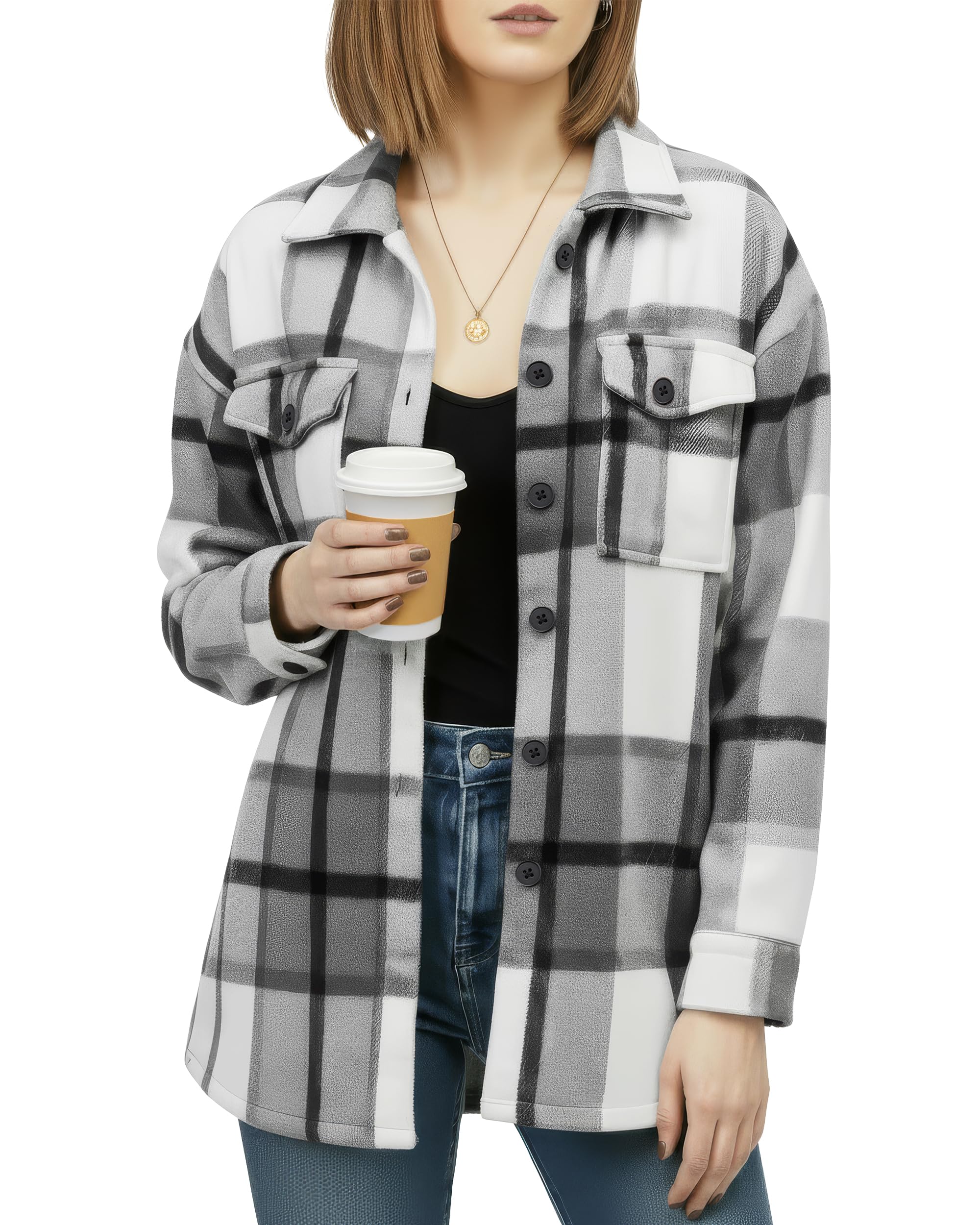 NY Threads Women's Flannel Shirt Plaid Shacket Fall Outfit Relaxed Fit Button Down Long Sleeve Top Casual Jacket for Women