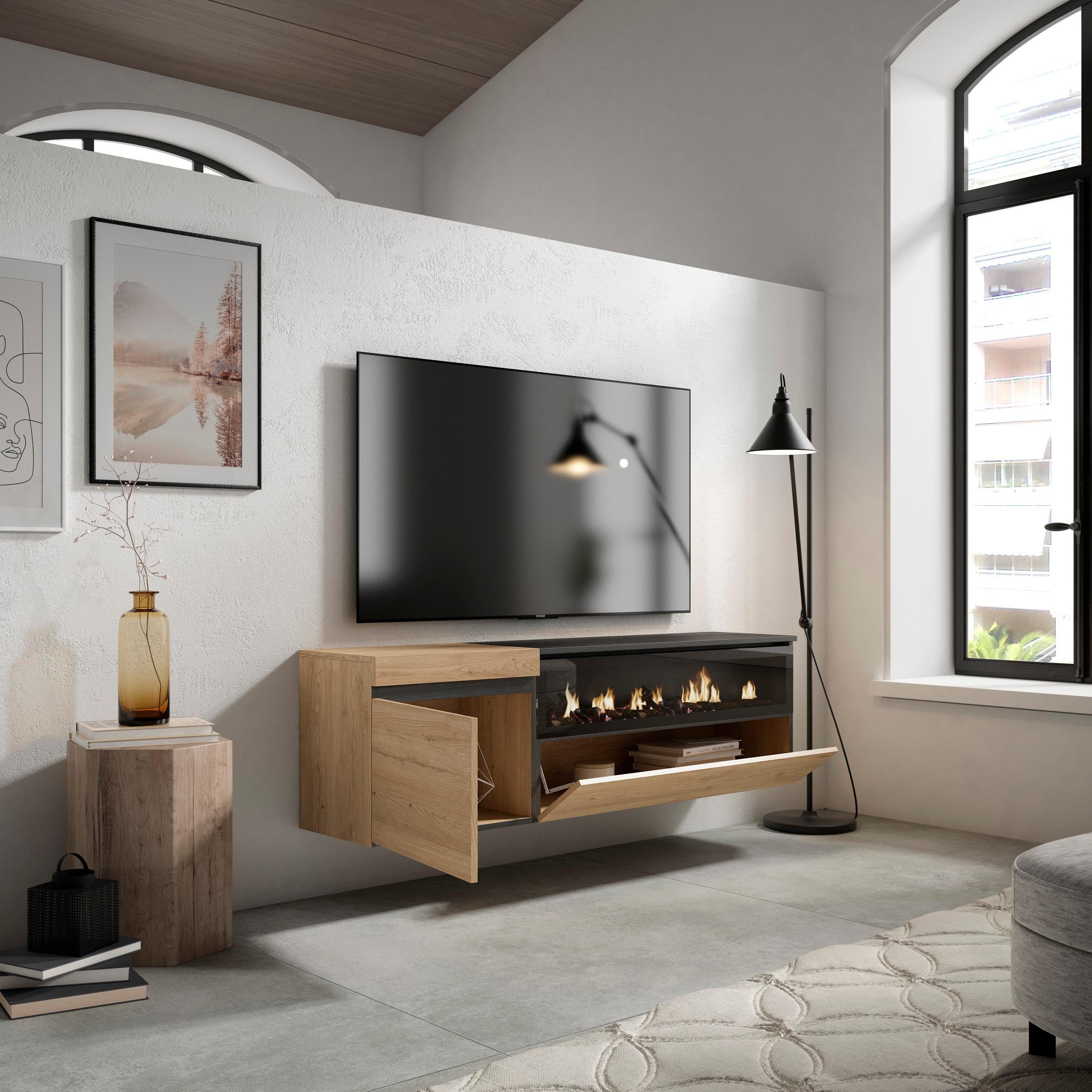 Mueble Tv 200cm Mueble TV Skraut Home - 200x45x35 Cm, Para Televisiones Hasta 80", Estilo Moderno En Roble Y Negro Mueble Tv Chimenea Electrica