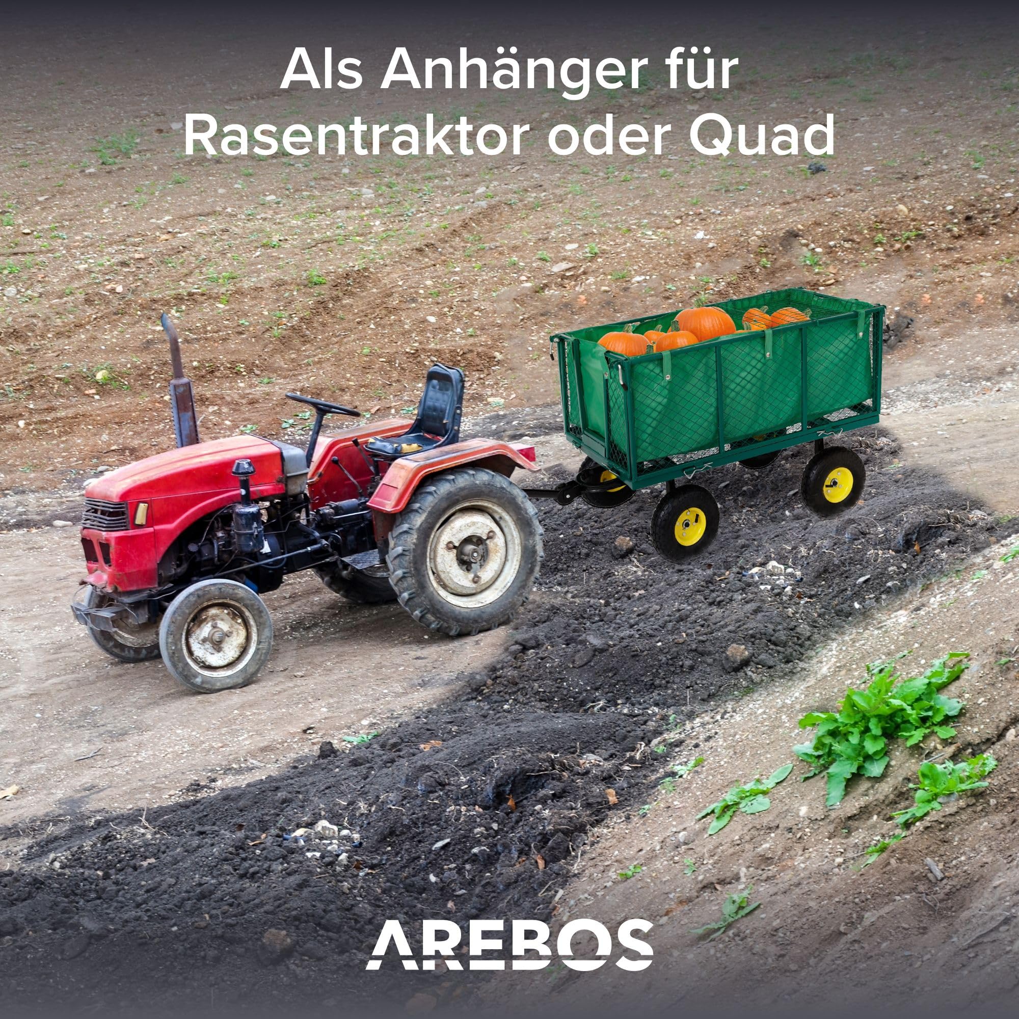 Arebos Bollerwagen | Gartenwagen | mit Profilreifen | 550kg belastbar | faltbar | grün | herausnehmbare Plane | kugelgelagerte Stahlfelgen | inkl. Handgriff & Deichsel | Plattformwagen