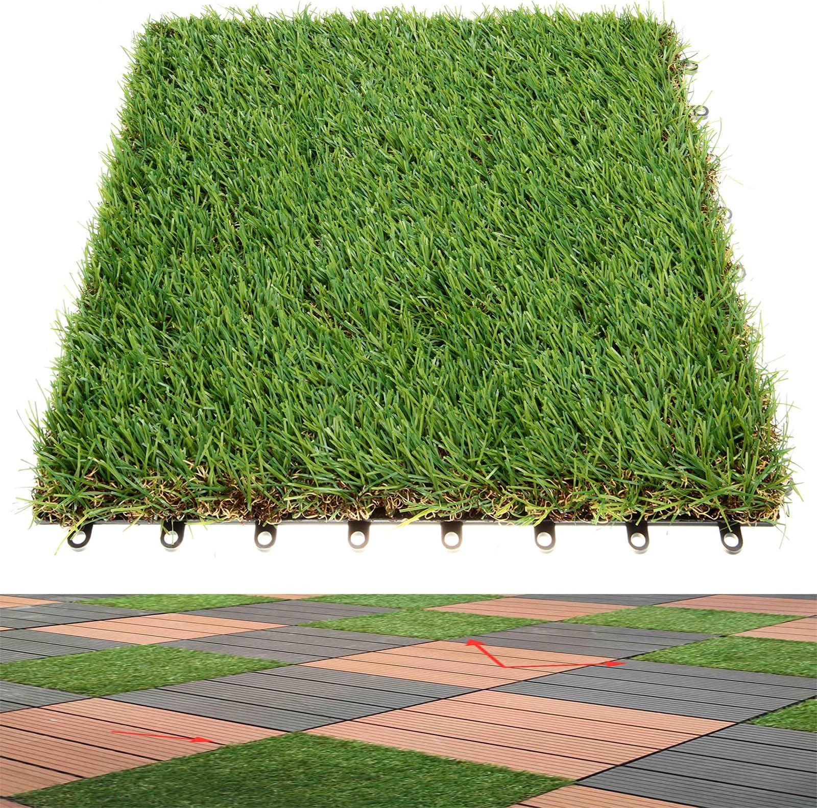 Anmas Home 2PCS Indoor Outdoor 1x1ft Synthetic Artificial Grass Turf Tile Interlocking Self-draining Mat