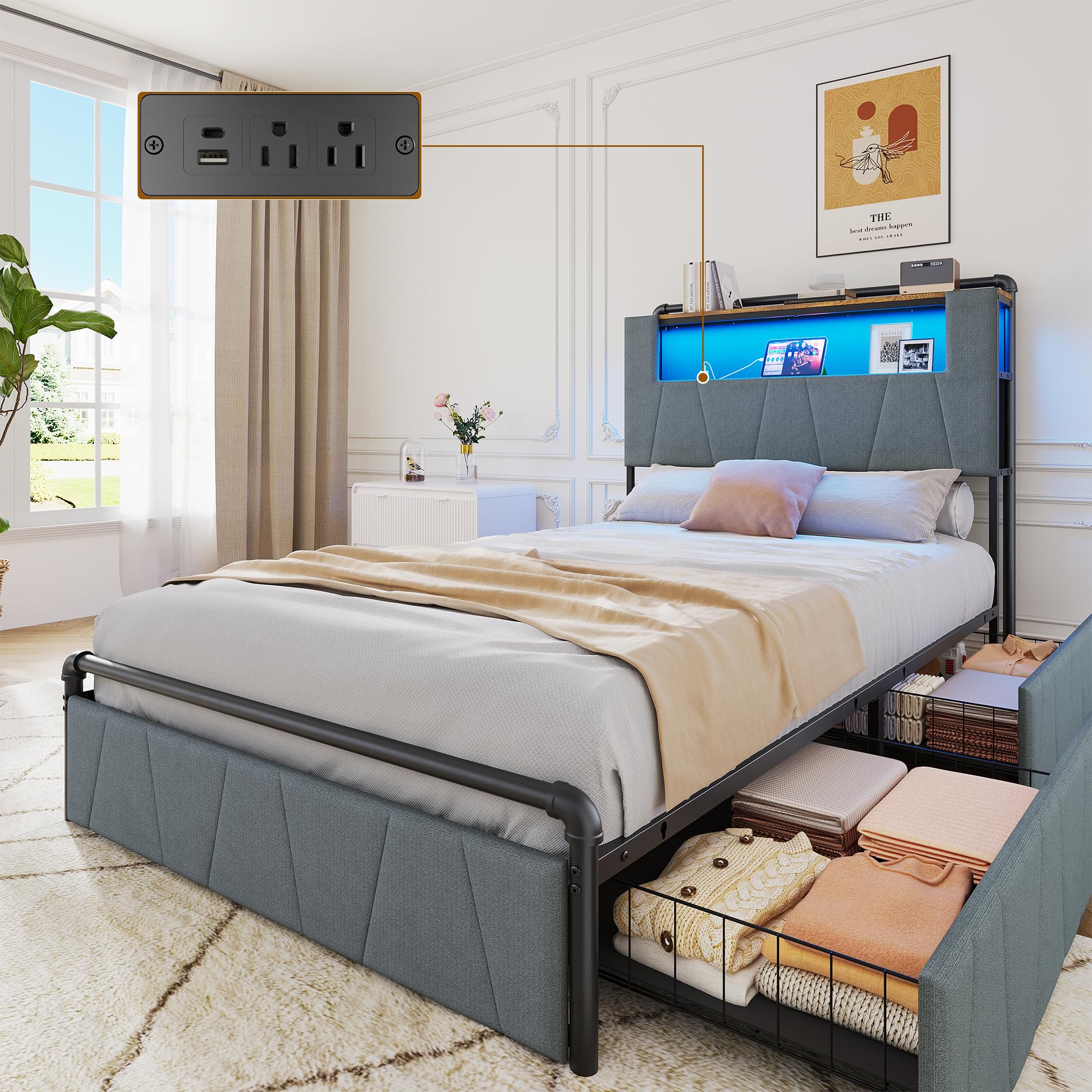 KSOBEBVT Twin Bed Frame with Storage Drawers, Upholstered Headboard with Charging Station & LED Lights, Metal Platform Bed Frame Queen Size, Noise