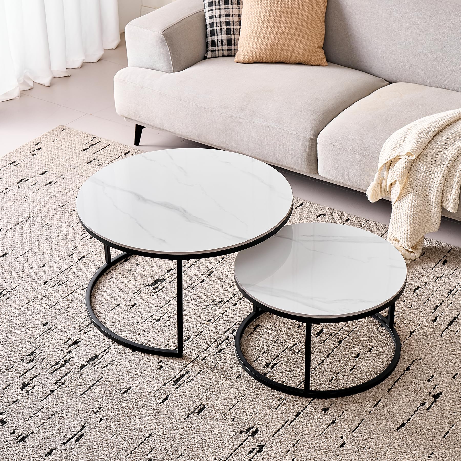 Lot de 2 Tables Basses Gigognes Ronde avec Plateau en Céramique Technique (Non en MDF),Tables D'Appoint Idéal pour Salon, Chambre, Balcon (Blanc+Noir), 50+70cm