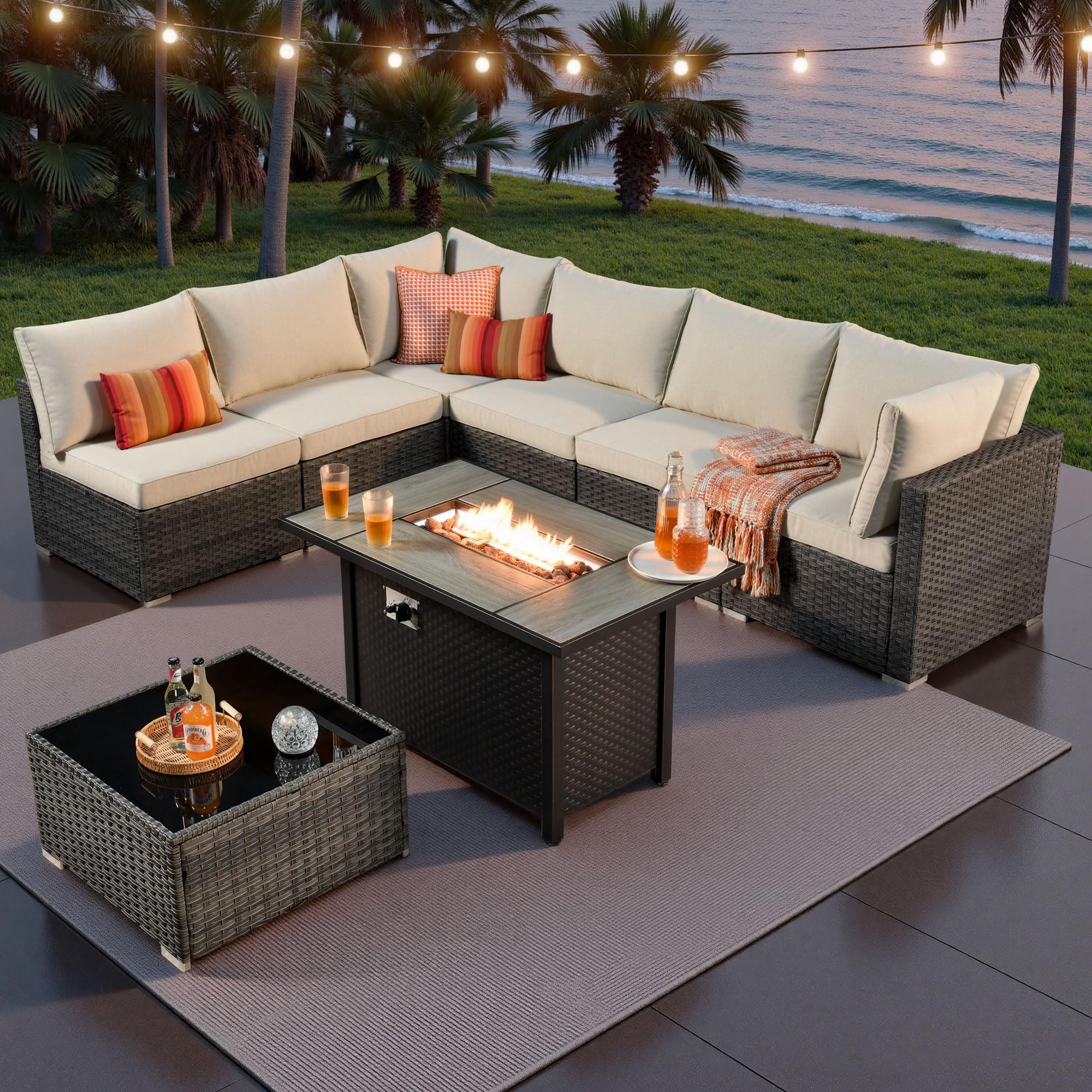 ovios Outdoor 8 Piece Patio Furniture Set with Fire Pit Table,Conversation Sectional Wicker Couch with Coffee Table,Modern Outside Sofa for Balcony