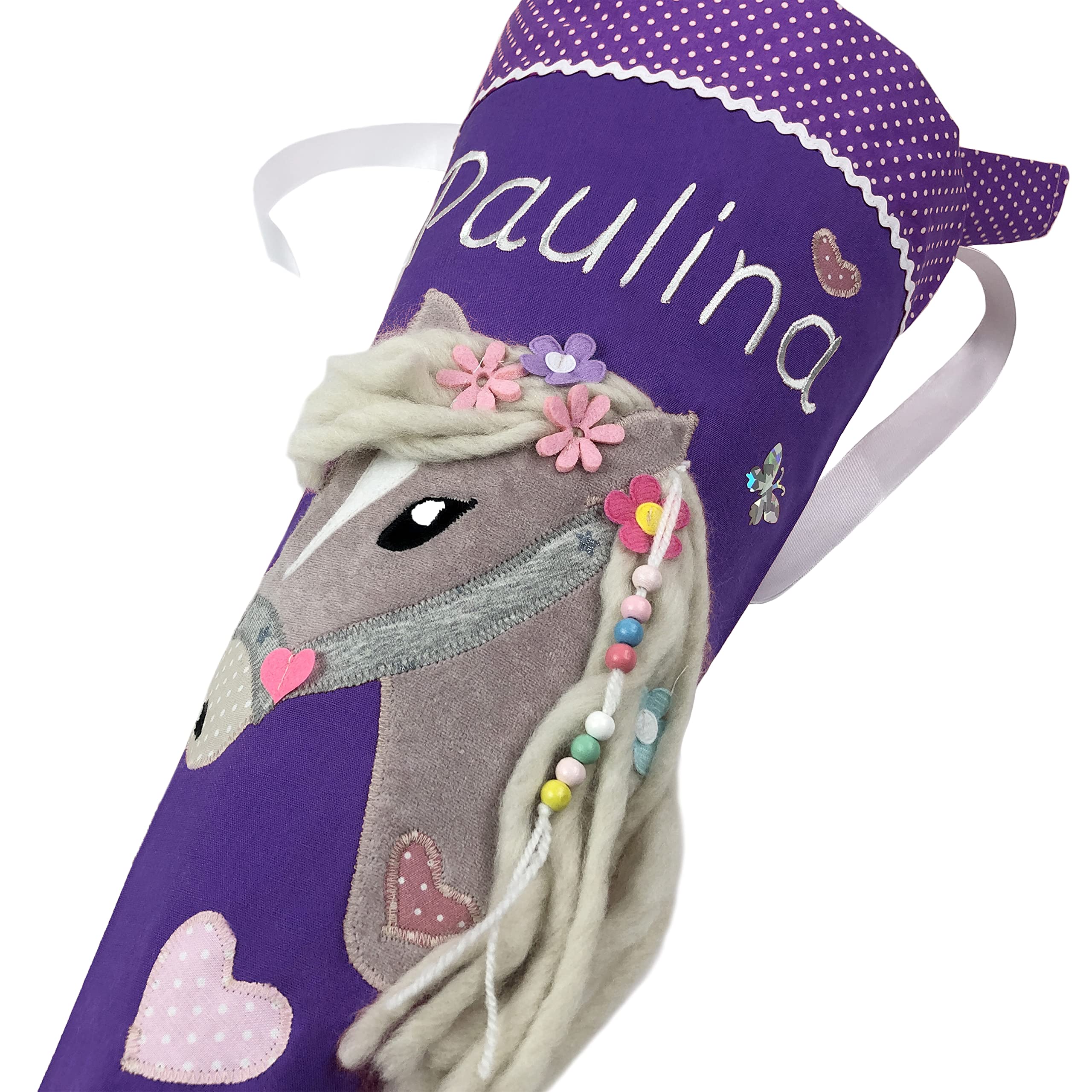 Schultüte/Zuckertüte Pferd mit Namen in lila zur Einschulung für Mädchen, aus Stoff, mit Kissen bestellbar