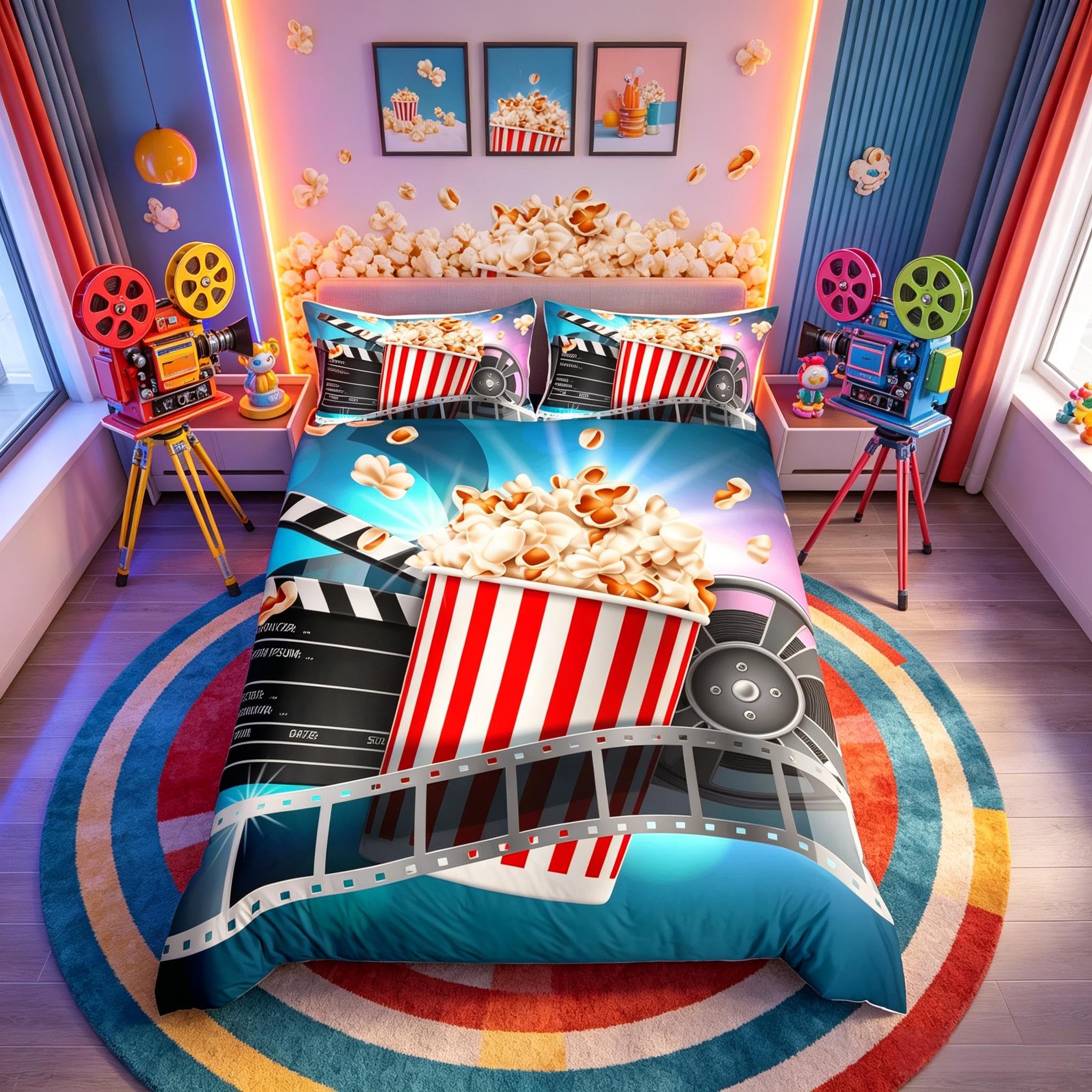 Richhome Boys Cinema 08 Movie Time Duvet Cover 3 Pieces Cartoon Popcorn Casual Snacks Comforter Cover For Kids Girls Chic Cinema Filmstrip Blue Ultra Soft Bedspread Bedroom Decor Quilt Cover Double Size