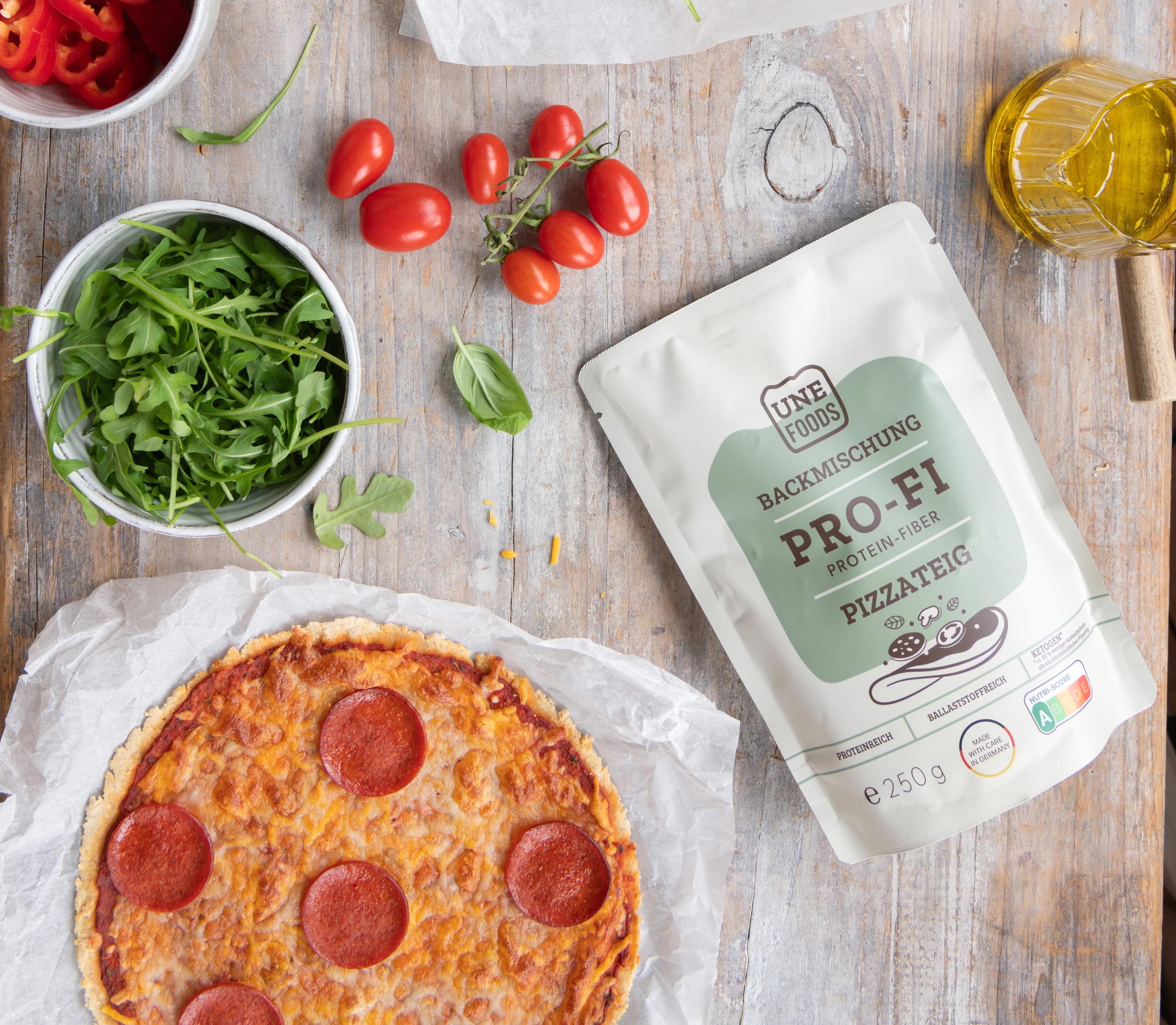 UNE FOODS PREMIUM Pro-Fi – Low-Carb Protein Pizza Backmischung – 250 g | Ballaststoffreich & Eiweißreich | Ohne Zuckerzusatz | Pizzateig zum Selbermachen