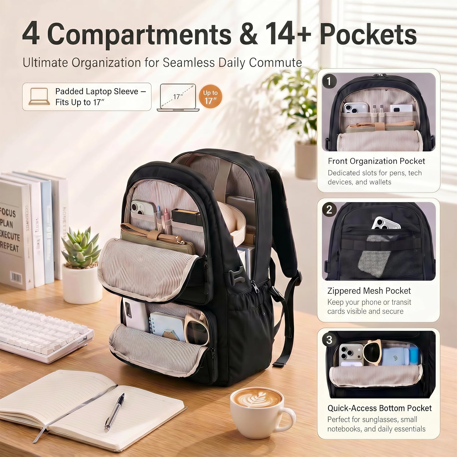 LOVEVOOK Women Laptop Backpack, 17" Water-Resistant College Backpacks, Teacher Nurse Work Bag, Travel Daypack with Mini Pouch image 3
