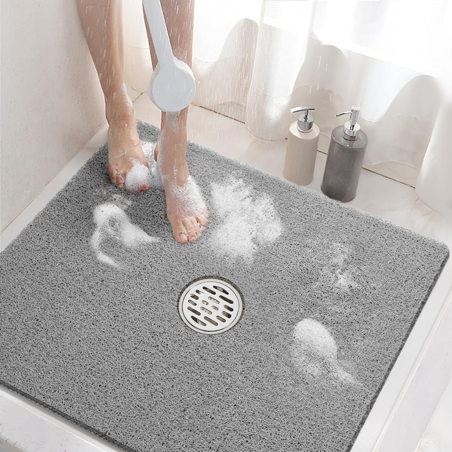 HITSLAM Square Shower Mat, 24 x 24 Inch Non Slip Bath Mat for Tub, Soft PVC Loofah Bathtub Mats with Drain Holes, Quick Drying Bathroom Stall Floor Mat, Bathroom Accessories Without Suction Cup, Grey HITSLAM Square Shower Mat, 24 x 24 Inch Non Slip Bath Mat for Tub, Soft PVC Loofah Bathtub Mats with Drain Holes, Quick Drying Bathroom Stall Floor Mat, Bathroom Accessories Without Suction Cup, Grey