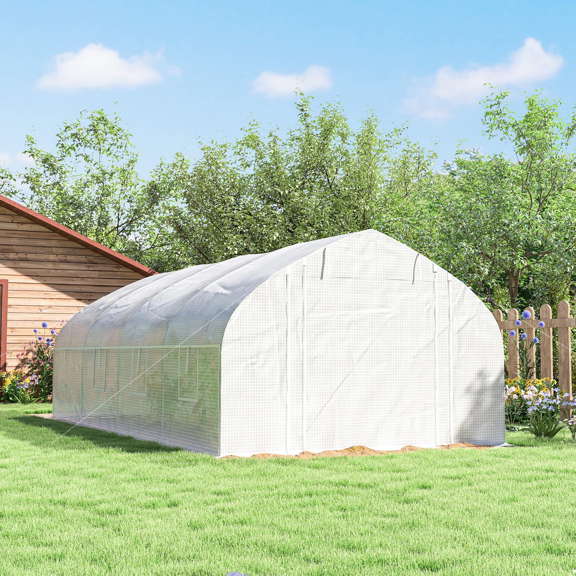 Outsunny Invernadero de Exterior Invernadero de Túnel 6x3x2 m Blanco | 8 Ventanas, Cubierta de PE Anti-UV, Puerta Enrollable con Cremallera, Paredes Laterales con Malla, para Cultivos, Plantas