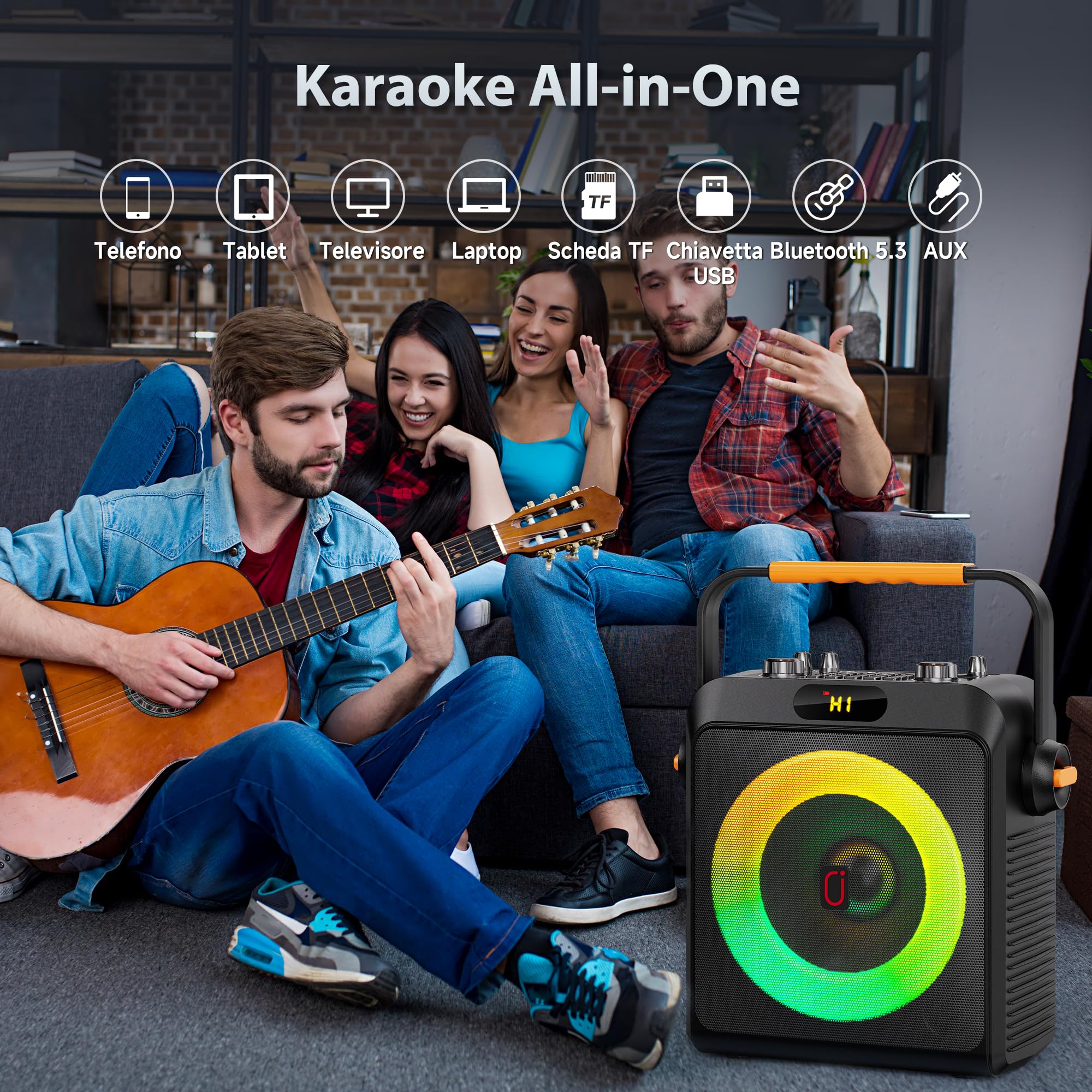 JYX Karaoke con 2 Microfono, 5.3 Cassa Bluetooth, Canta tu 12+ Ore di Riproduzione, Altoparlante con Luci DJ, Cassa Karaoke Professionale per Feste a Casa e all'Aperto, Supporto REC, TWS