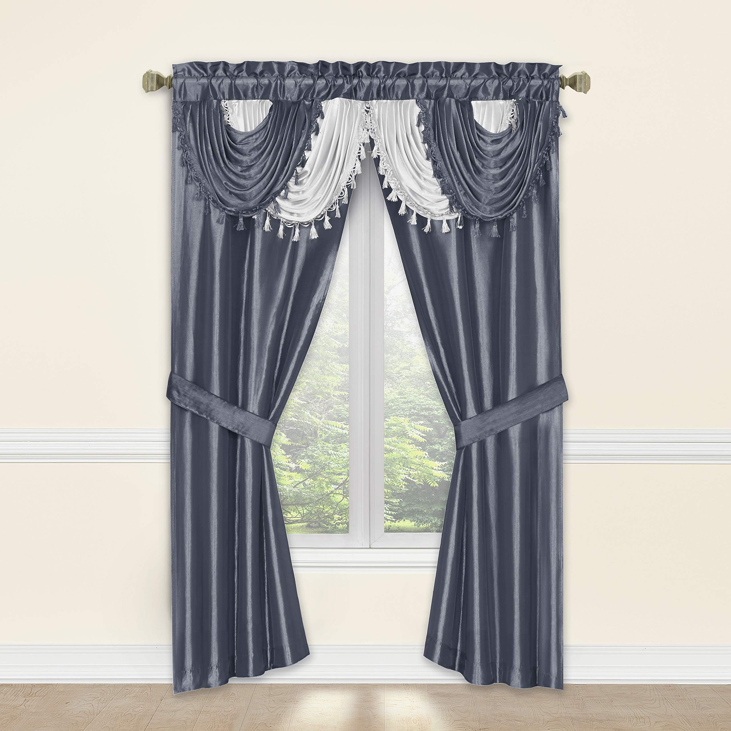 Regal Home Collections Amore 54 X 84 Inch Luxurious 5PC Attached Valance, Silver Window Curtain Set, 54 X 84