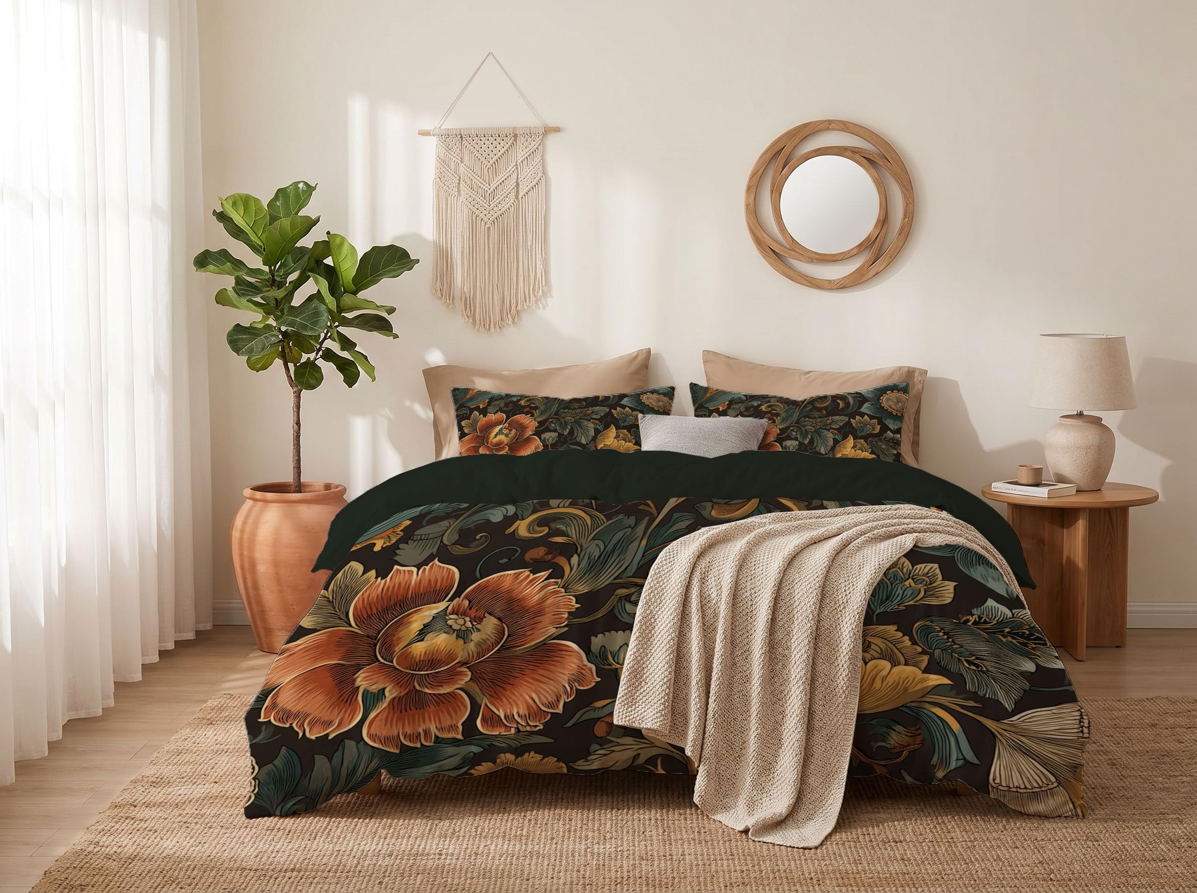 Parure de lit 200x200 fleurs baroques gothiques, housse réversible 2 personnes