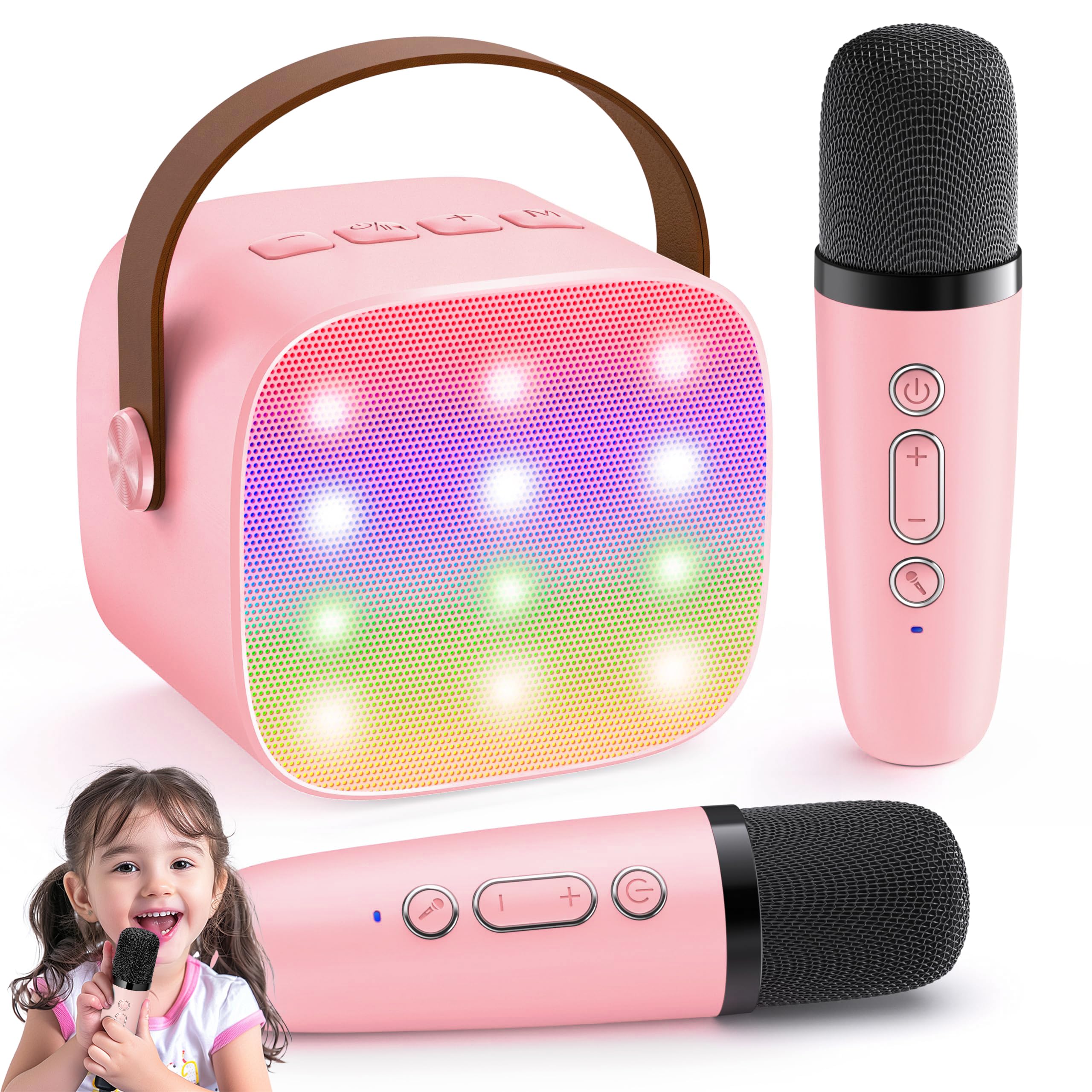 Ankuka Karaoke Enfants avec 2 Micro sans Fil Portable, avec Magique Voix Change et LED Lumière Qualité Sonore HiFi Mini Microphone pour Enfant Adulte Fille Rose