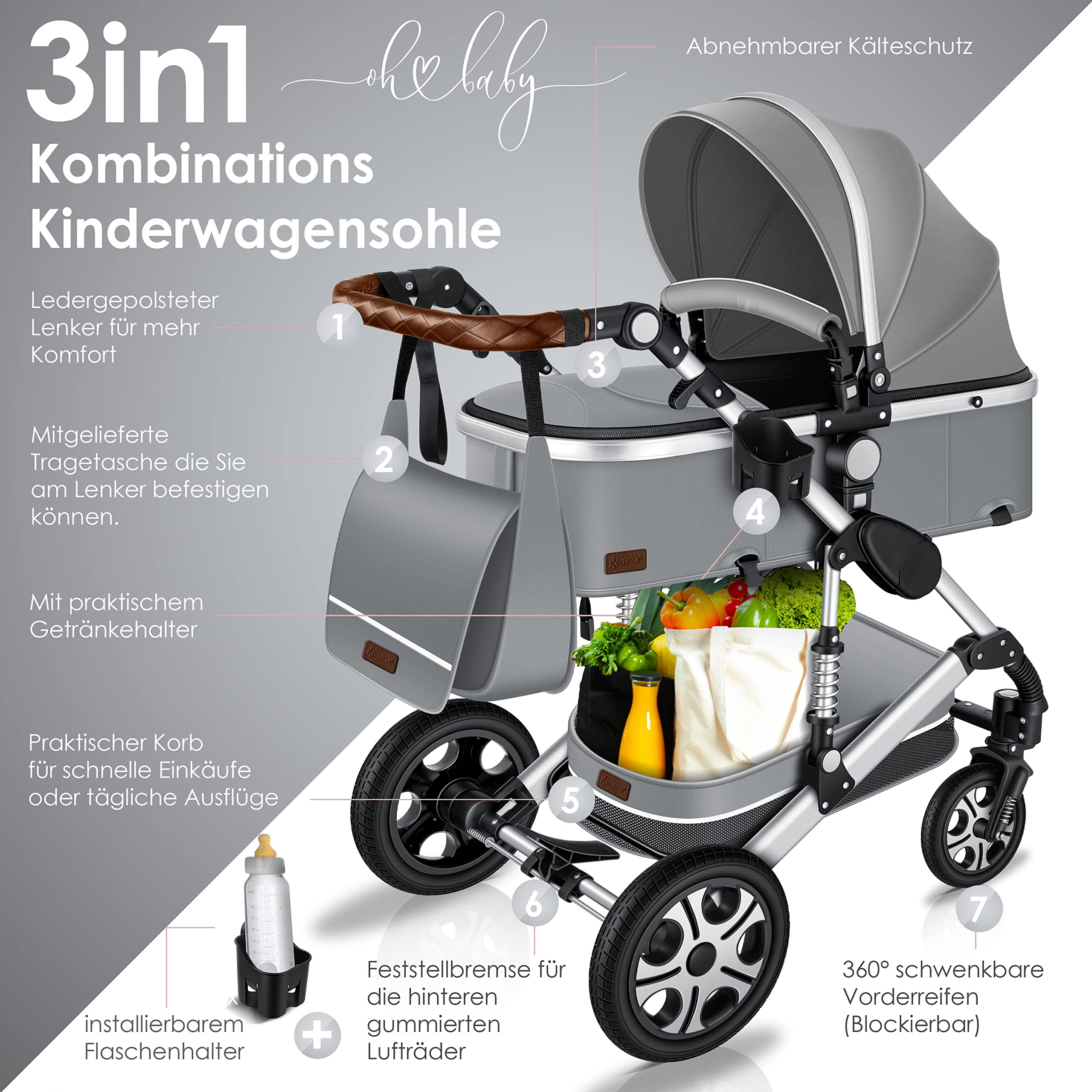 KESSER® Carrozzina 3in1 Loops, Carrozzina Combinata con navicella, Seggiolino sportivo, Seggiolino auto, Borsa Fasciatoio, Parapioggia, Tavolino per Bambini, Grigio/Argento