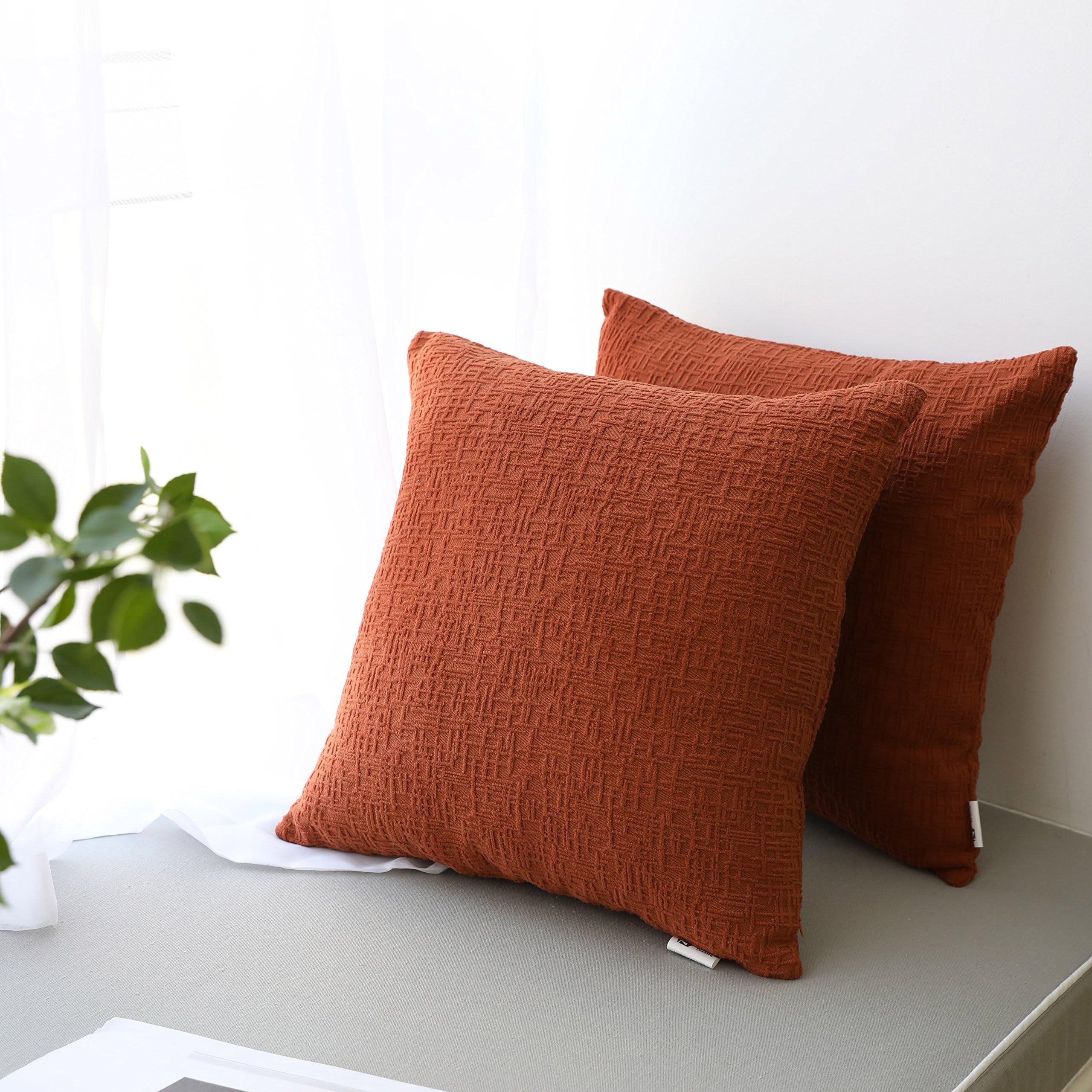 Kevin Textile Fall Decor Solid Decorative Toss Euro Pillow Cover Case Striped Corduroy Cushion Cover for Sofa, Burnt Brick, 18x18-inch (45cm), 2 Pieces