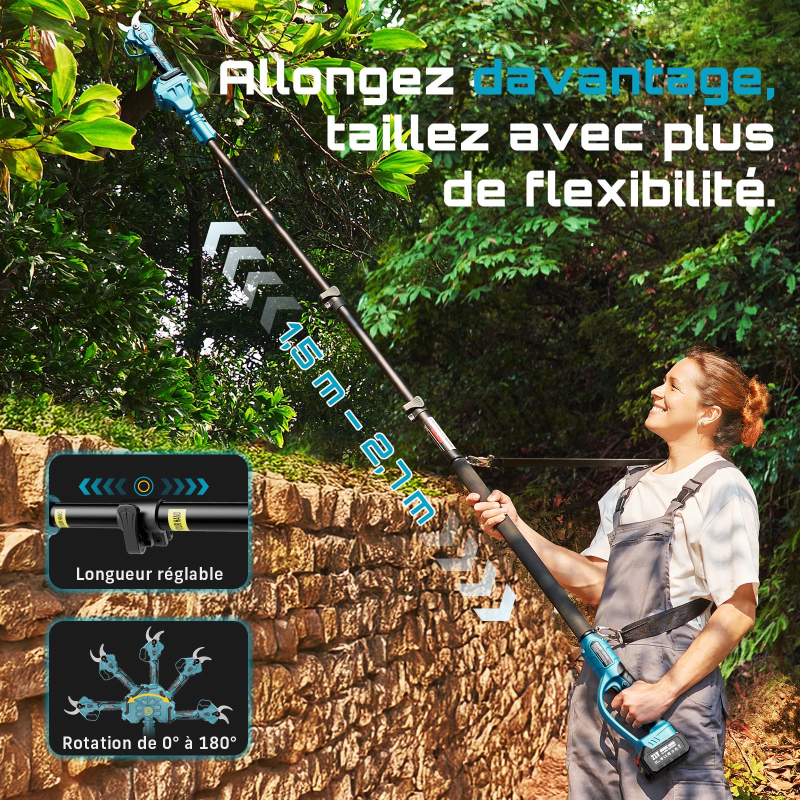 SEESII Sécateur Électrique Avec Perche, 2-en-1 Secateur Electrique Sans Fil Télescopique, Hauteur de Travail Jusqu’à 4,5 m (Base 1,8 m), Coupe 40 mm, 2× 4,0Ah Batteries, Lame SK5, Jardin/Arbres/Fleurs