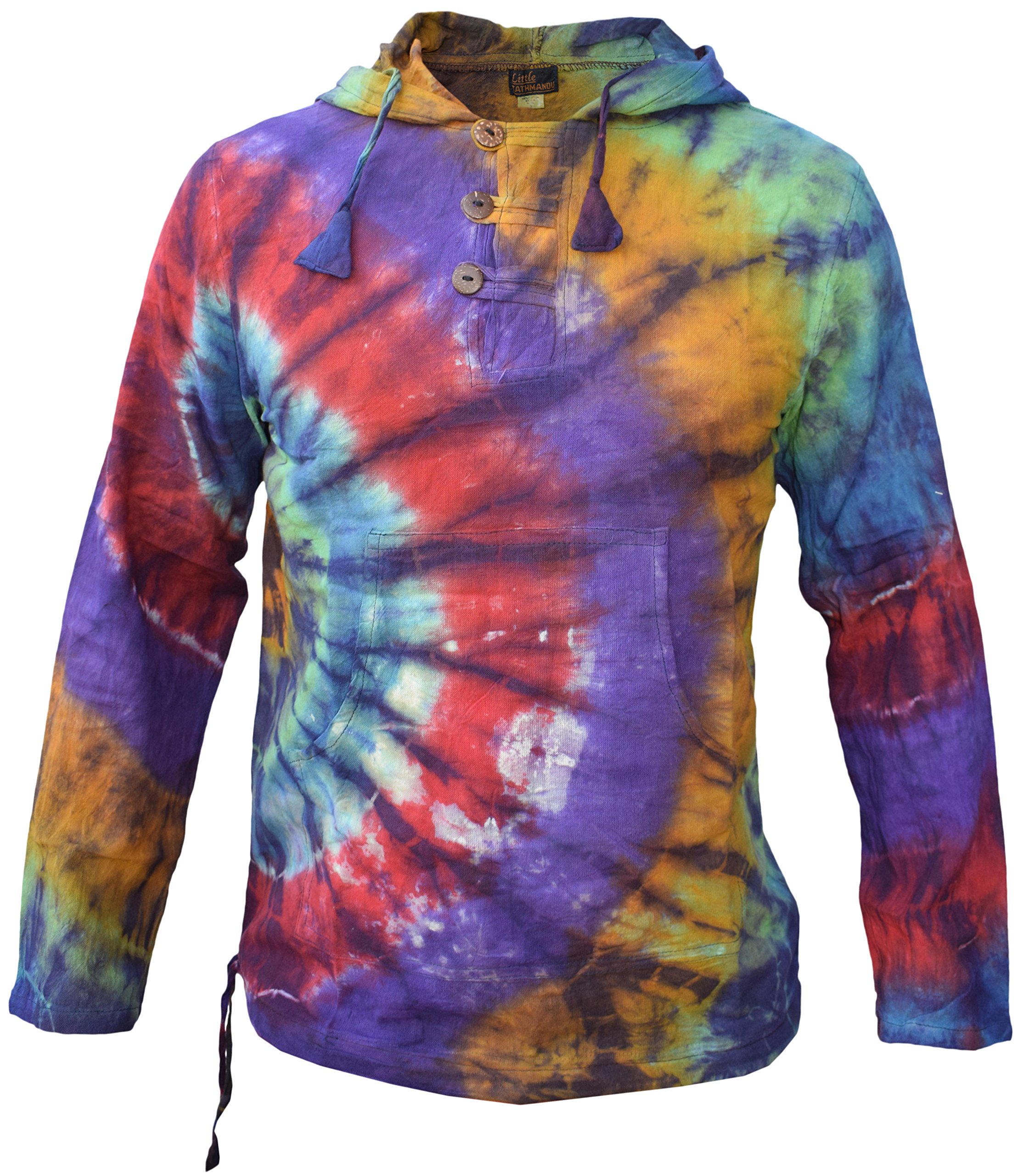 Gheri Men's Rainbow Tie Dye Side Spiral Tie Dye Cotton Light Summer Hippie Psychedelic Bohemian Grandad Hoodie Rainbow Side Spiral Small