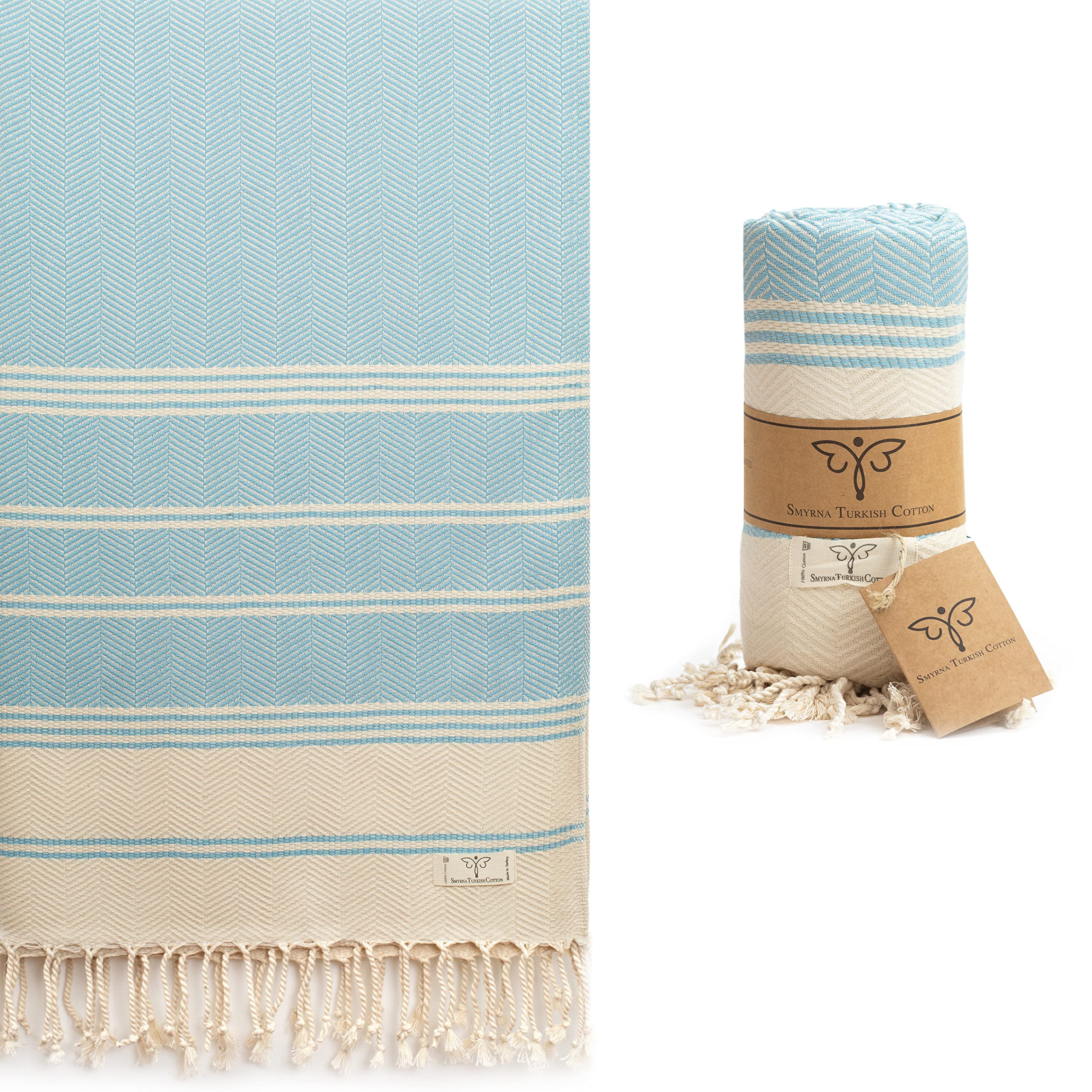 SMYRNA TURKISH COTTON Aegean Series Original Turkish Beach Towel | Prewashed, 37 x 71 Inches | Peshtemal and Turkish Bath Towel for SPA, Beach, Pool, Gym and Bathroom, Light Blue