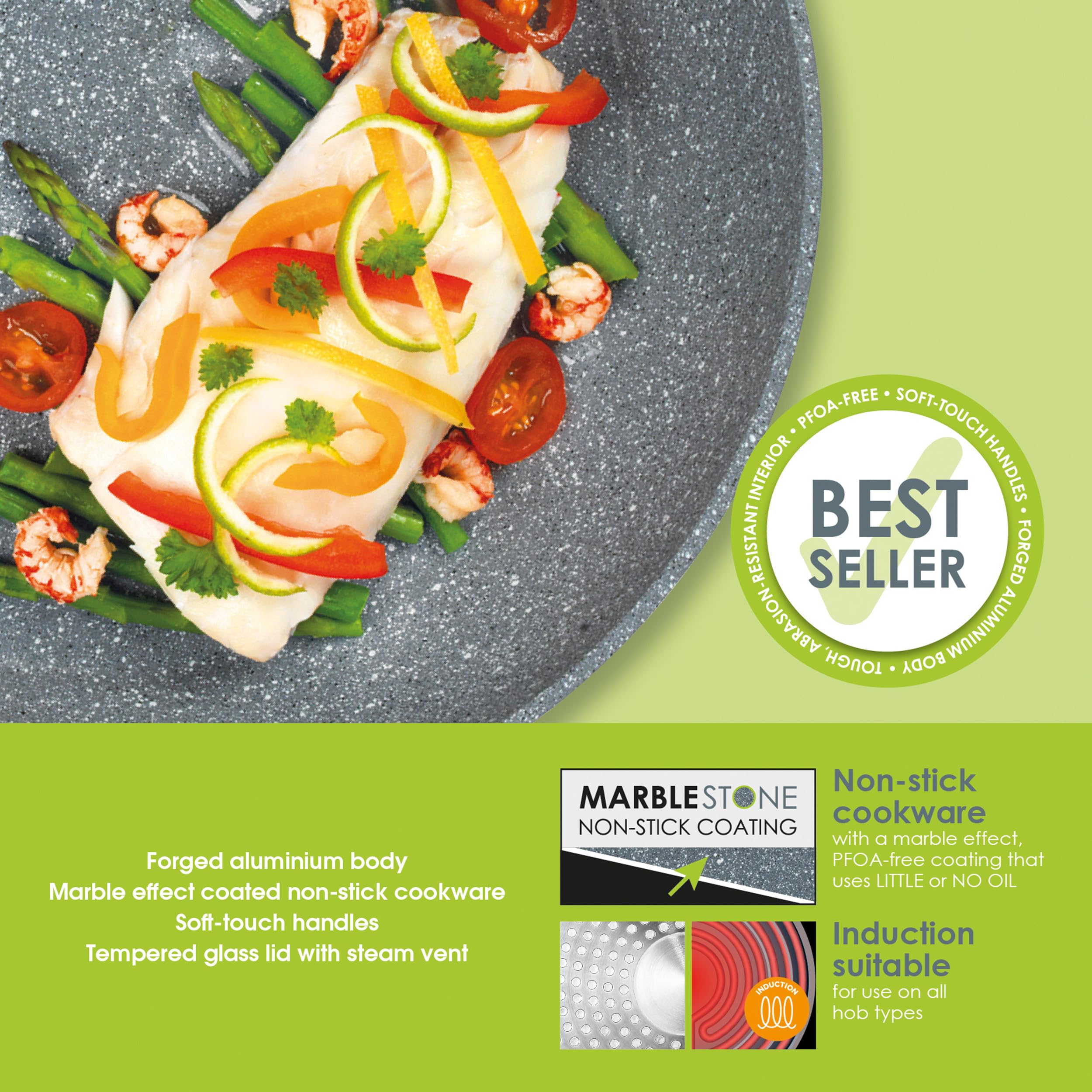 Salter COMBO-6449 Marblestone - Juego de 2 sartenes antiadherentes de 20/24 cm, aptas para inducción, utensilios de cocina de aluminio forjado, sartén para tortilla/huevo/tortitas, poco/sin aceite