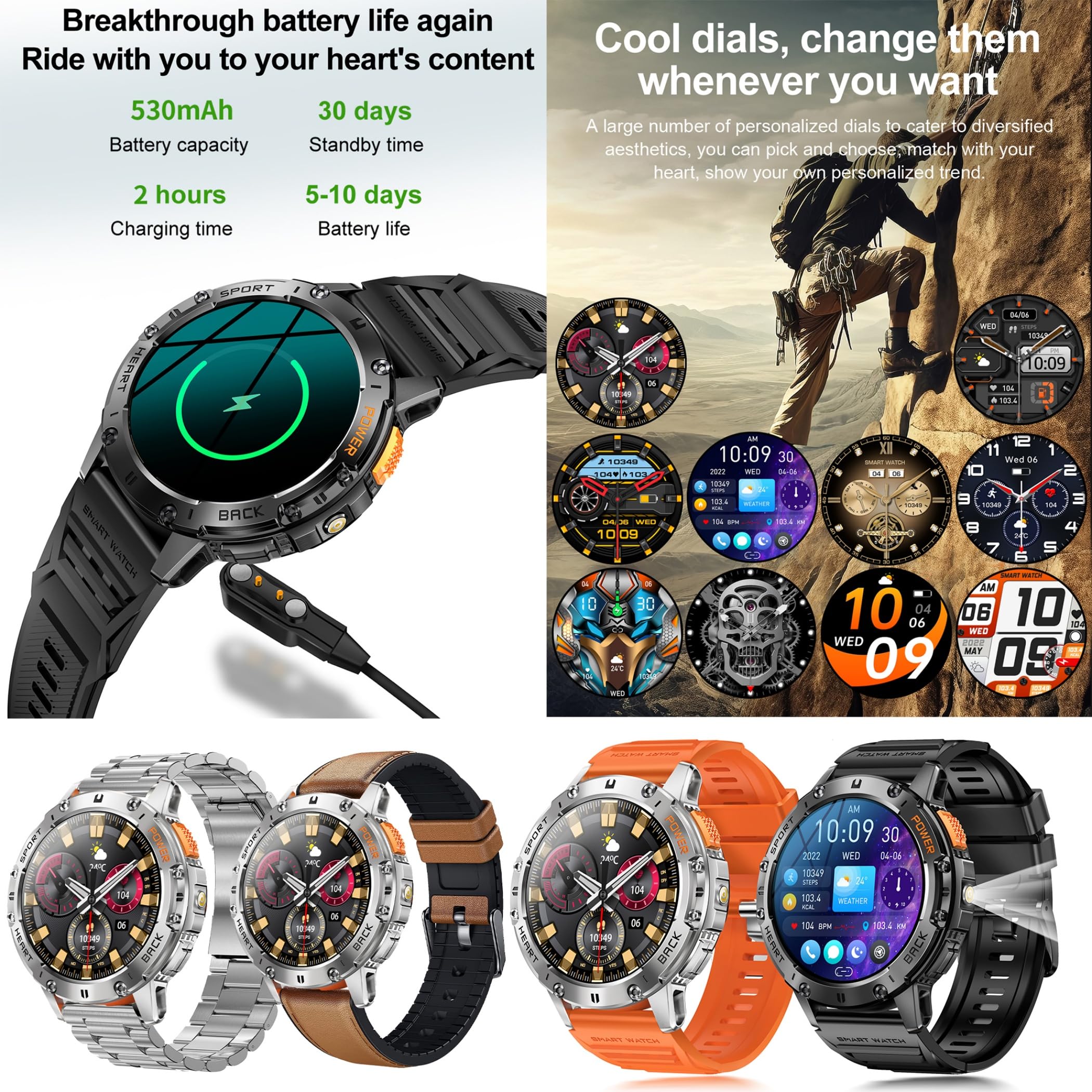 1,43" AMOLED Reloj Inteligente Hombre con Llamada y Whatsapp, Linterna, 5ATM Impermeable Reloj Smartwatch 123 Deportivo Hombre con Monitor Sueño, Oxígeno Sanguíneo, Pulsómetro Android iOS (plateado)