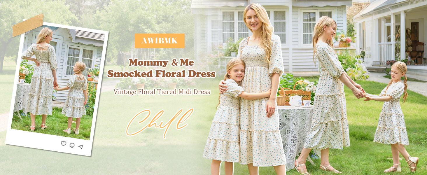 Mommy and Me Matching Dresses Floral Printed Ruffled Short Lantern Sleeves A-Line Long Dress Hidden Back Zipper Closure Summer Mom Daughter Matching Outfits Apricot Blue Flowers Small at Amazon Women's Clothing store