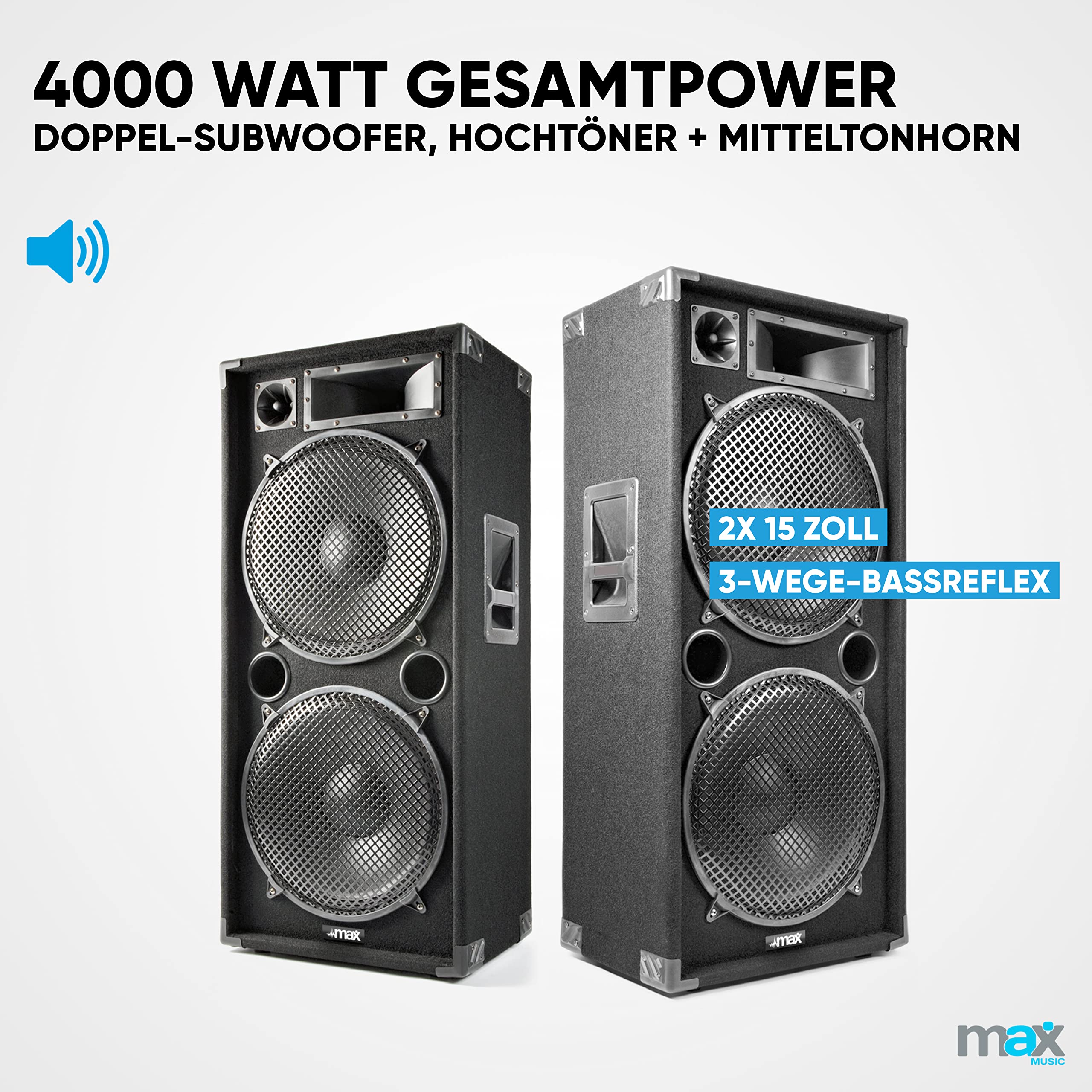 MAX MAX215 PA Lautsprecher passiv, Partylautsprecher Set, 4000 Watt Partyboxen Set mit Griffe, 2 x 15 Zoll Doppel-Tieftöner, Passiv, DJ Party Lautsprecher, Lautsprecherbox, Schwarz