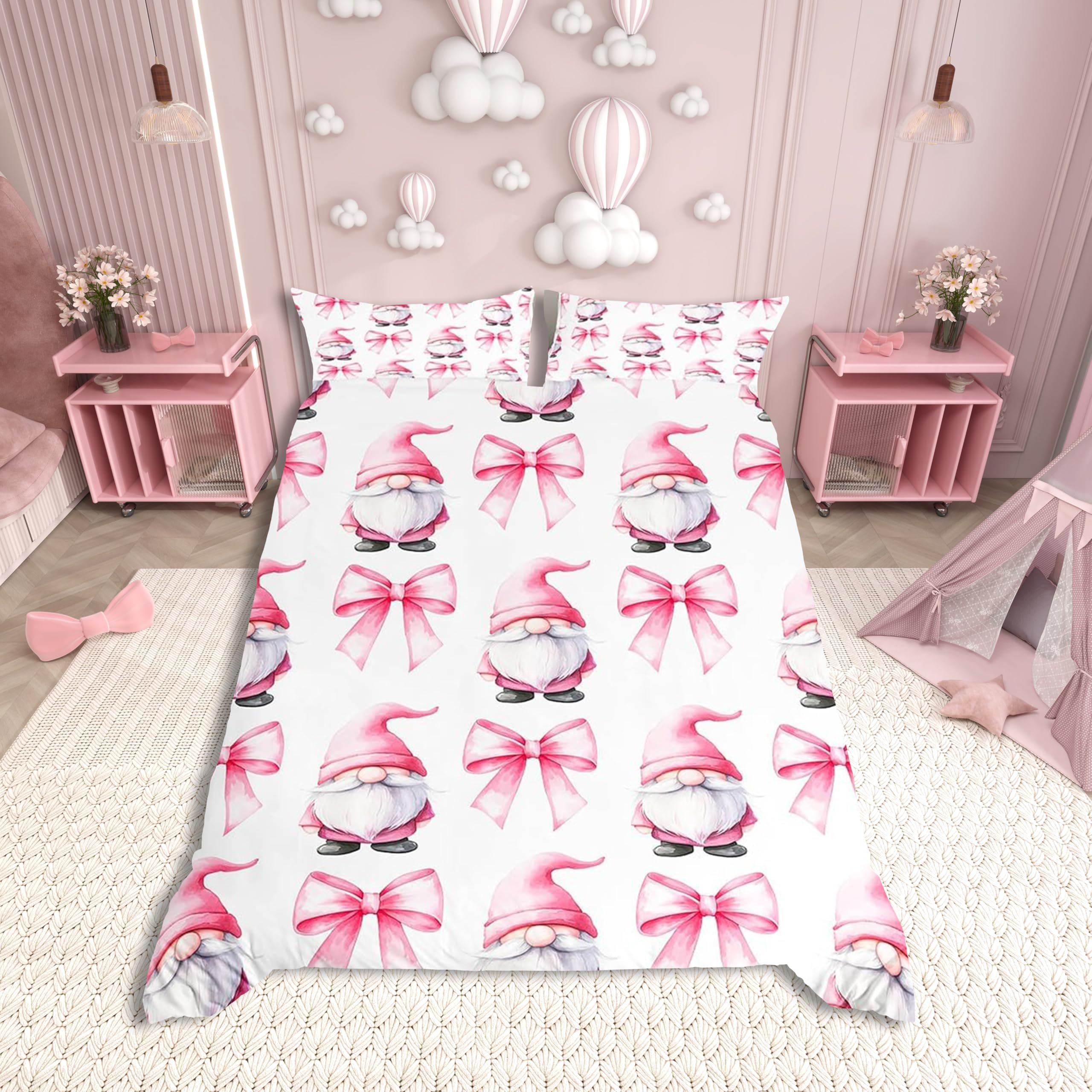 Pink Bowknot Kids Duvet Cover Set Double Size,Cartoon Gnomes Tale Castle Toddler Bedding Set,Girls Women Room Decor,Pink Bow Tie Knot Princess Cute Fashion Quilt Cover,2 Pillowcases(No Comforter) — image 1