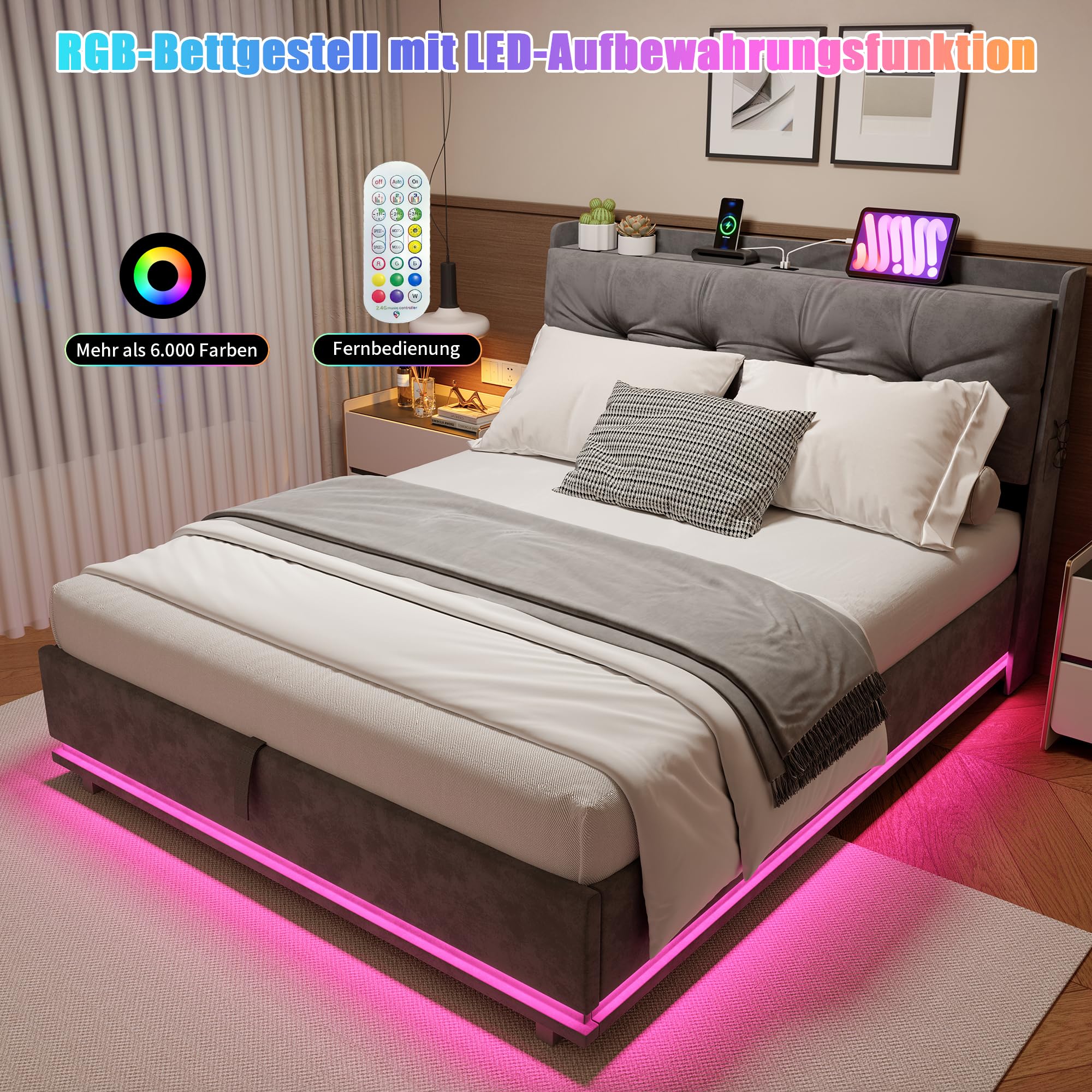 Cama tapizada con espacio de almacenamiento, 140 x 200, cama doble con LED