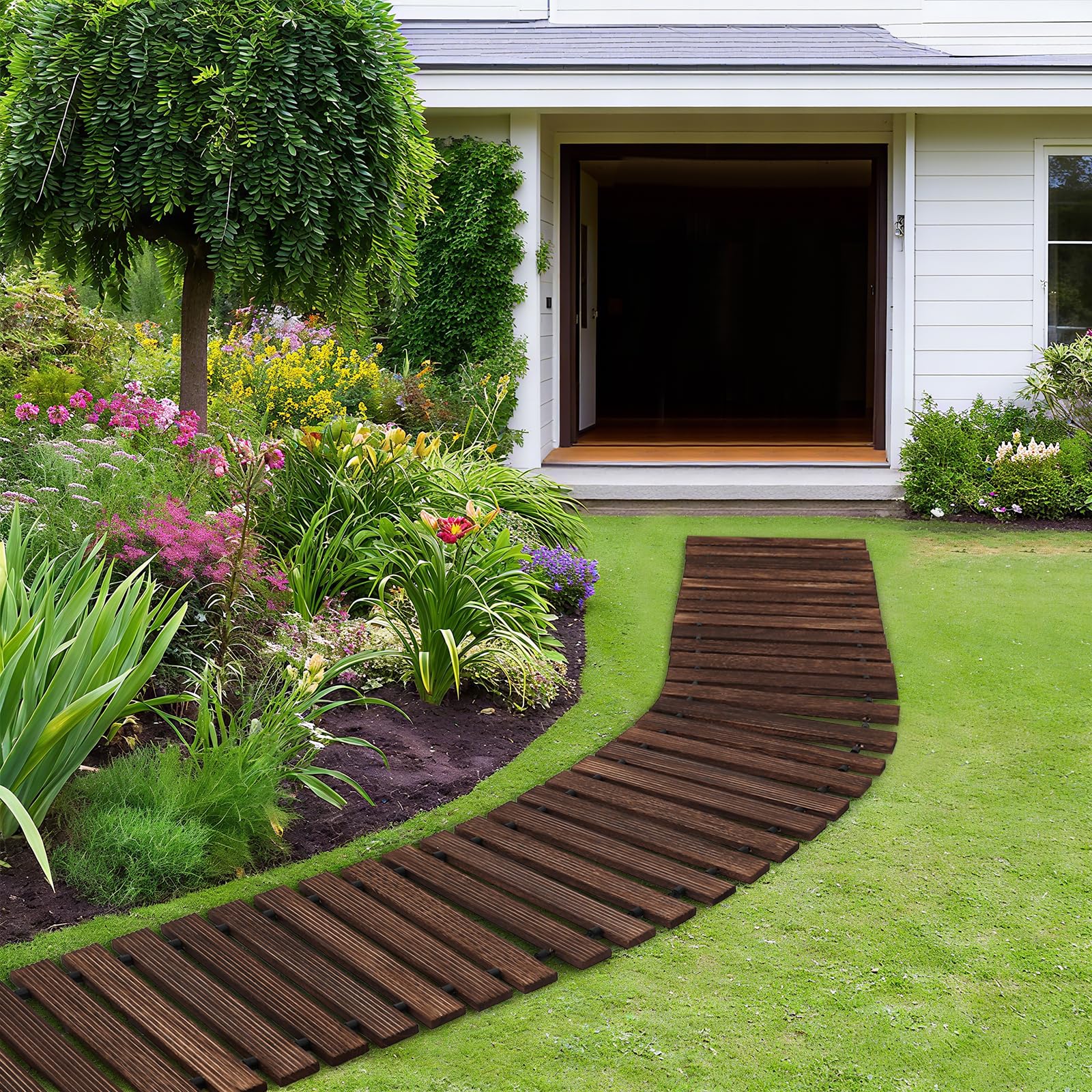 Percorso da giardino in legno arrotolabile, sentiero in legno con superficie antiscivolo e legatura con corda in silicone, passo in legno per giardino, terrazzo, spiaggia, cortile e decorazione per