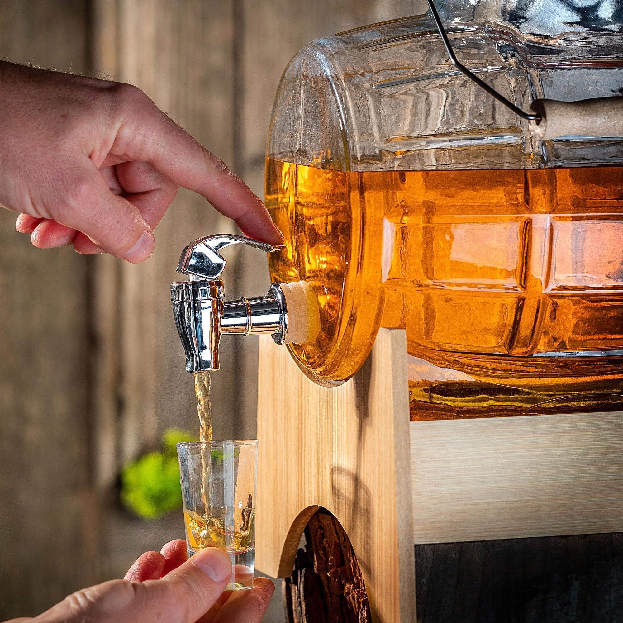 KADAX Barril de 5 litros con grifo y dispensador de bebidas transparente con base de madera