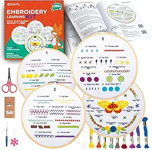 Azenera Beginner Embroidery Kit (4 Pack) Learn 33 Stitches with Easy DIY Video Tutorials, Coloured Design Patterns, Thread Floss, Cross Stitch Hoop, Gift (AZD200)