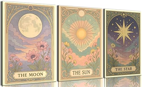 3pcs Sun and Star Celestial Canvas Wall Art Vintage Tarot