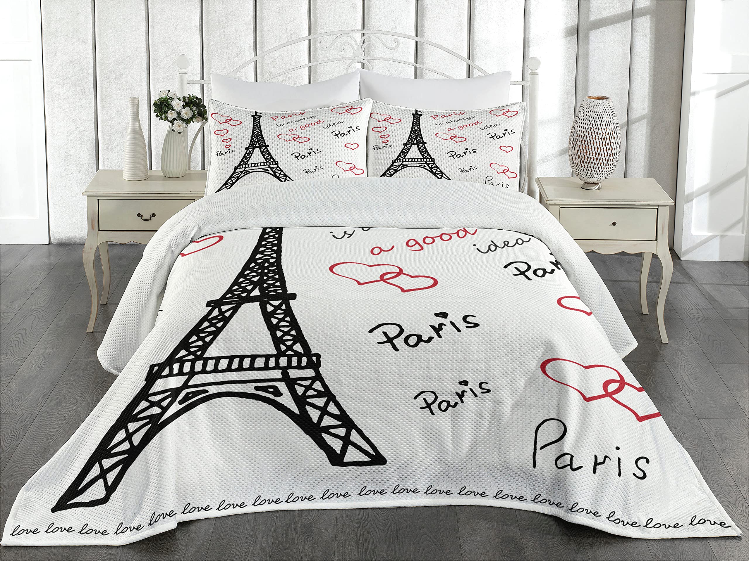 Ambesonne Eiffel Tower Coverlet, Eiffel Tower Paris is Always an Idea Tourism Locations Love, 3 Piece Decorative Quilted Bedspread Set with 2 Pillow Shams, Queen Size, Red Black White