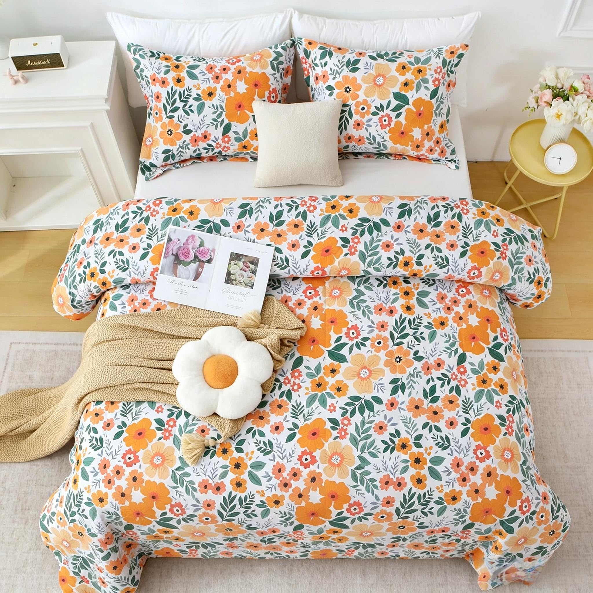 Generisch Blumen Bettdecke Mikrofaser-Bettwäscheset Orange 135x200