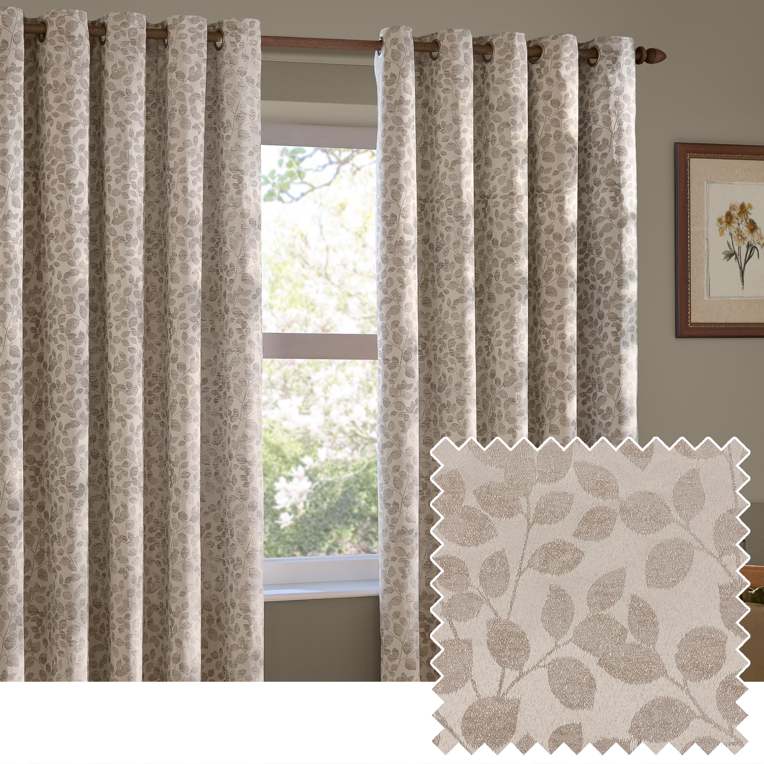 furn. Wylder Grace Leaf Eyelet Curtain Pair – Matt Satin Jacquard Room Darkening Curtains (Natural – Width 229 x Drop 229cm)
