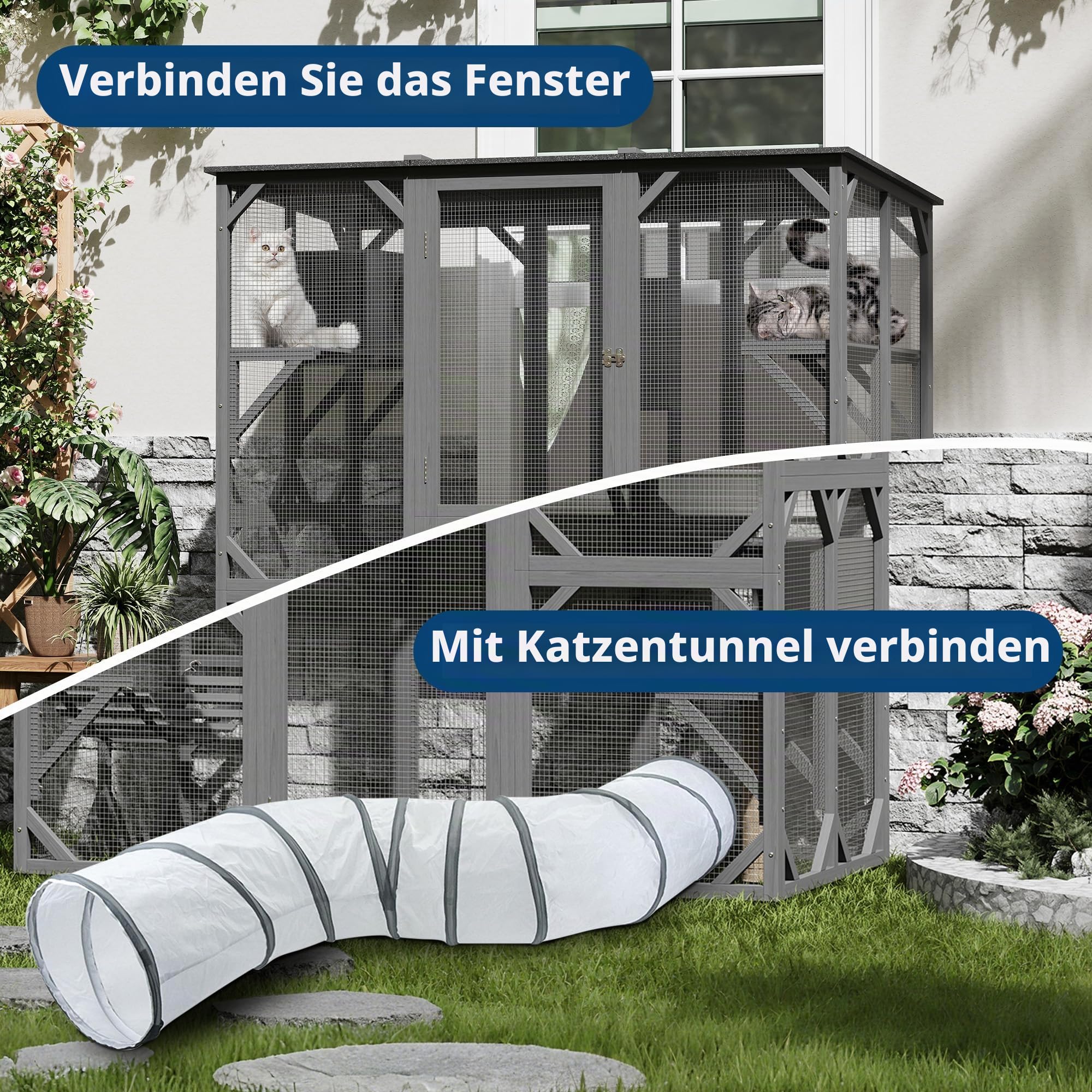 Großes Katzengehege, 177 x 173 x 92.5 cm großer Katzenhaus mit regenfest Dach, Liegeflächen, Hängematte & Plattformen, Drahtgitter Katzenkäfig für Innenbereich, Outdoor, Terrasse, Garten