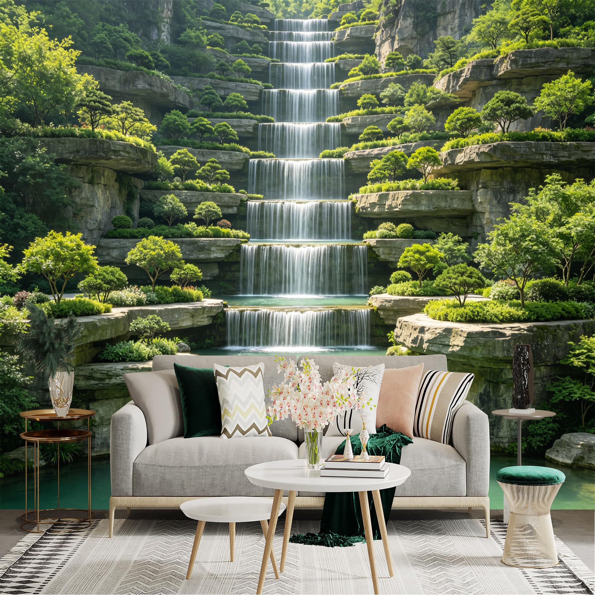 Lnzczhyre Dbh260521086 Custom Size Wall Sticker Mural， Cascading Tiered Waterfall， Lush Green Mountain Landscape， Serene Nature Scenery， Tranquil Rocky Stream， For Wall Decoration， Peelandstick Wall Decals.