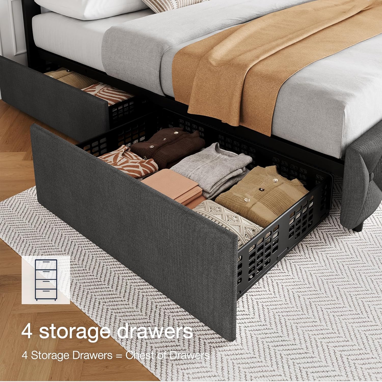 IDEALHOUSE Full Size Bed Frame with 4 Storage Drawers and Adjustable Headboard, Linen Upholstered Platform Bed Frame, Diamond Stitched Button Tufted, No Box Spring Needed， Dark Grey
