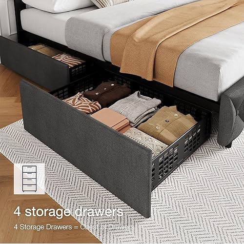 Miniatura 6 de IDEALHOSE - Marco de cama tamaño Queen con 4 cajones de almacenamiento y cabecero, marco de cama tapizado de lino con soporte de listones de madera,