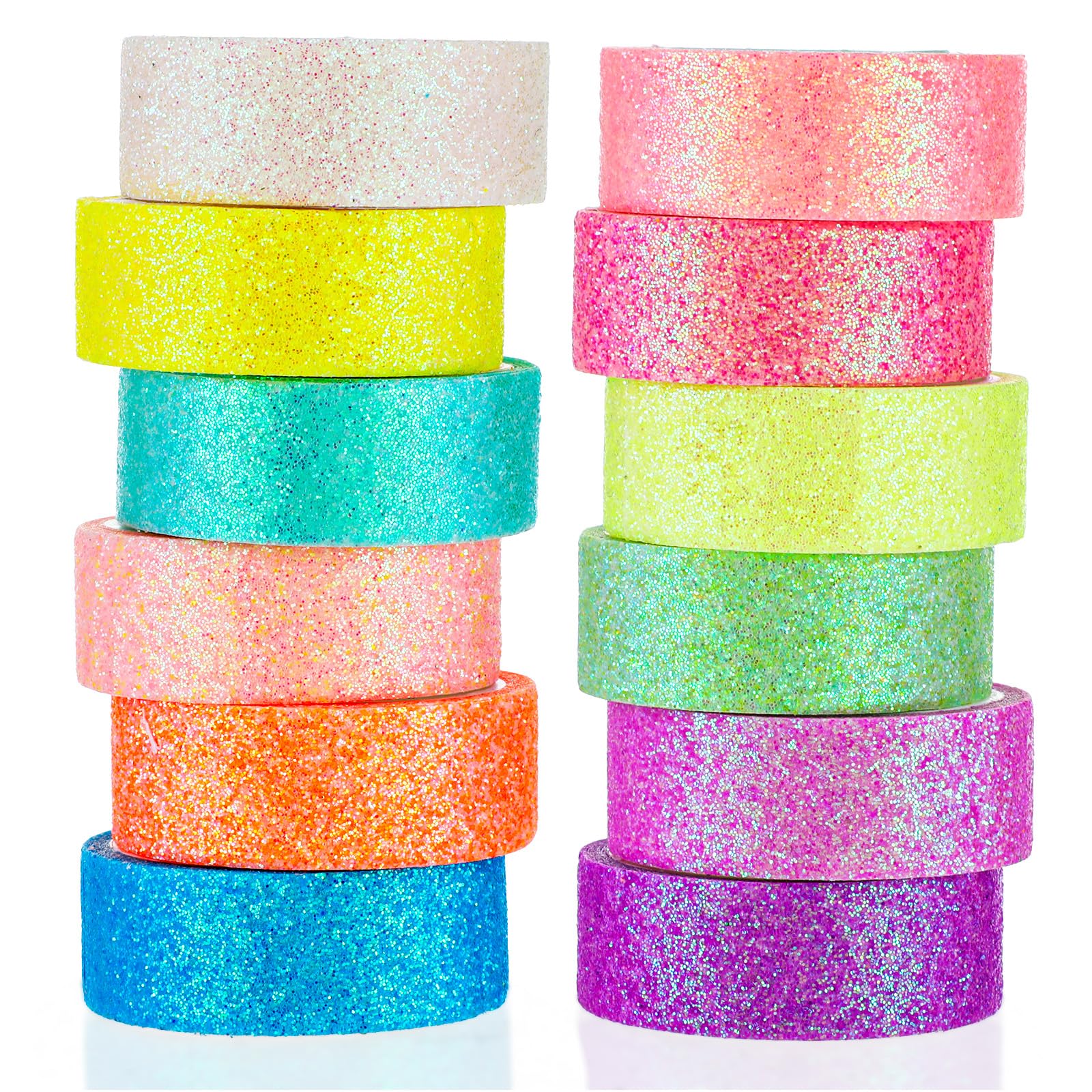 TIESOME 12 Rolls Glitter Washi Tape Set, 15mm Macaron Cute Colored Masking Tape, Decorative Masking Tapes for DIY, Scrapbook, Journal, Gift Wrapping, Crafts
