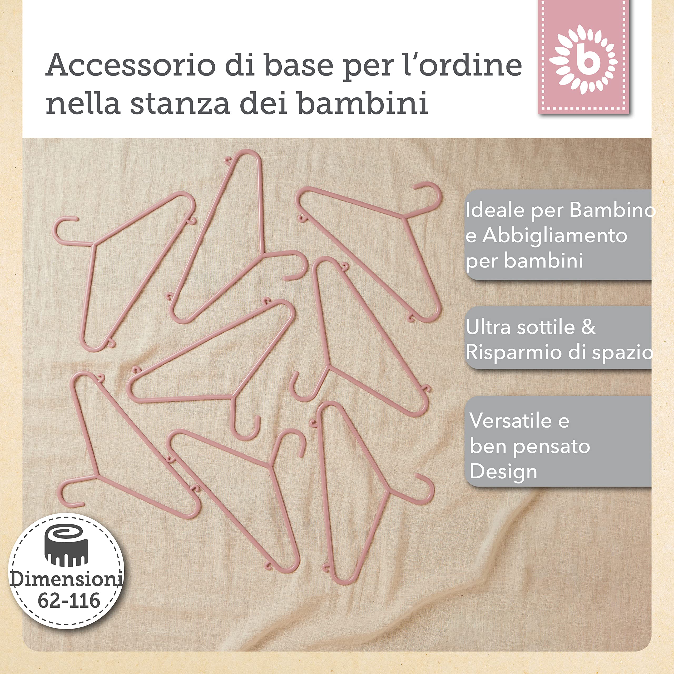 Bieco Set di 8 Grucce Appendiabiti per Bambini, 29,5x18x4,7 cm, Rosa Antico