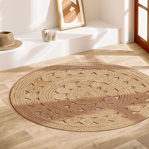 Miniatura 2 de Alfombra de Área de Yute Tejida a Mano - 3' Redonda - Alfombras Rústicas Beige Reversibles Estilo Granja para Sala de Estar, Dormitorio, Cocina -