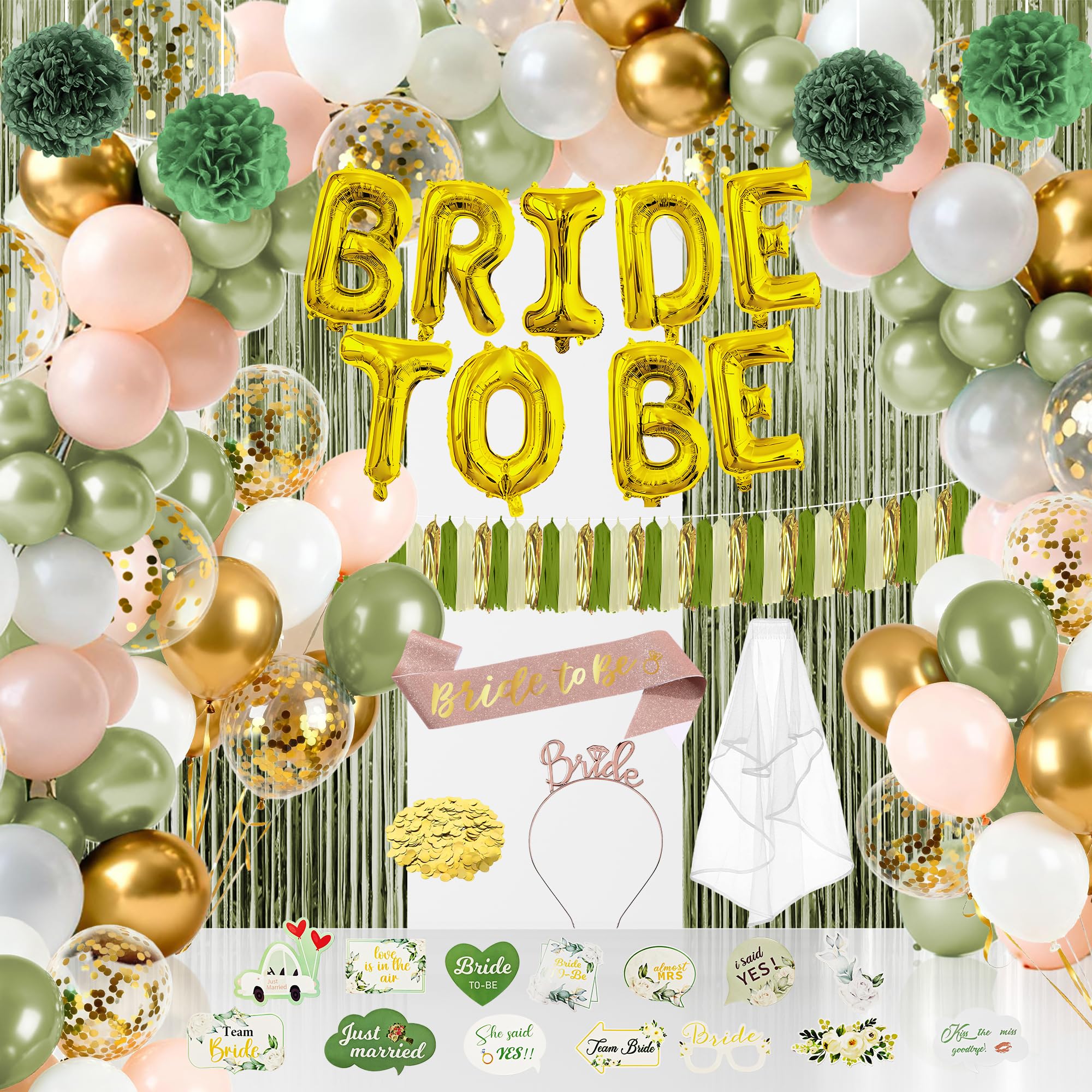 Photo 1 of AFDBPXM 98 Pcs Sage Green Bridal Shower Decoration,Bachelorette Party Decorations Favors,Wedding Gift - "BRIDE TO BE" Banner, Veil, Crown, Sash, Balloon, Photo Props, Balloon ,Tassel Curtain