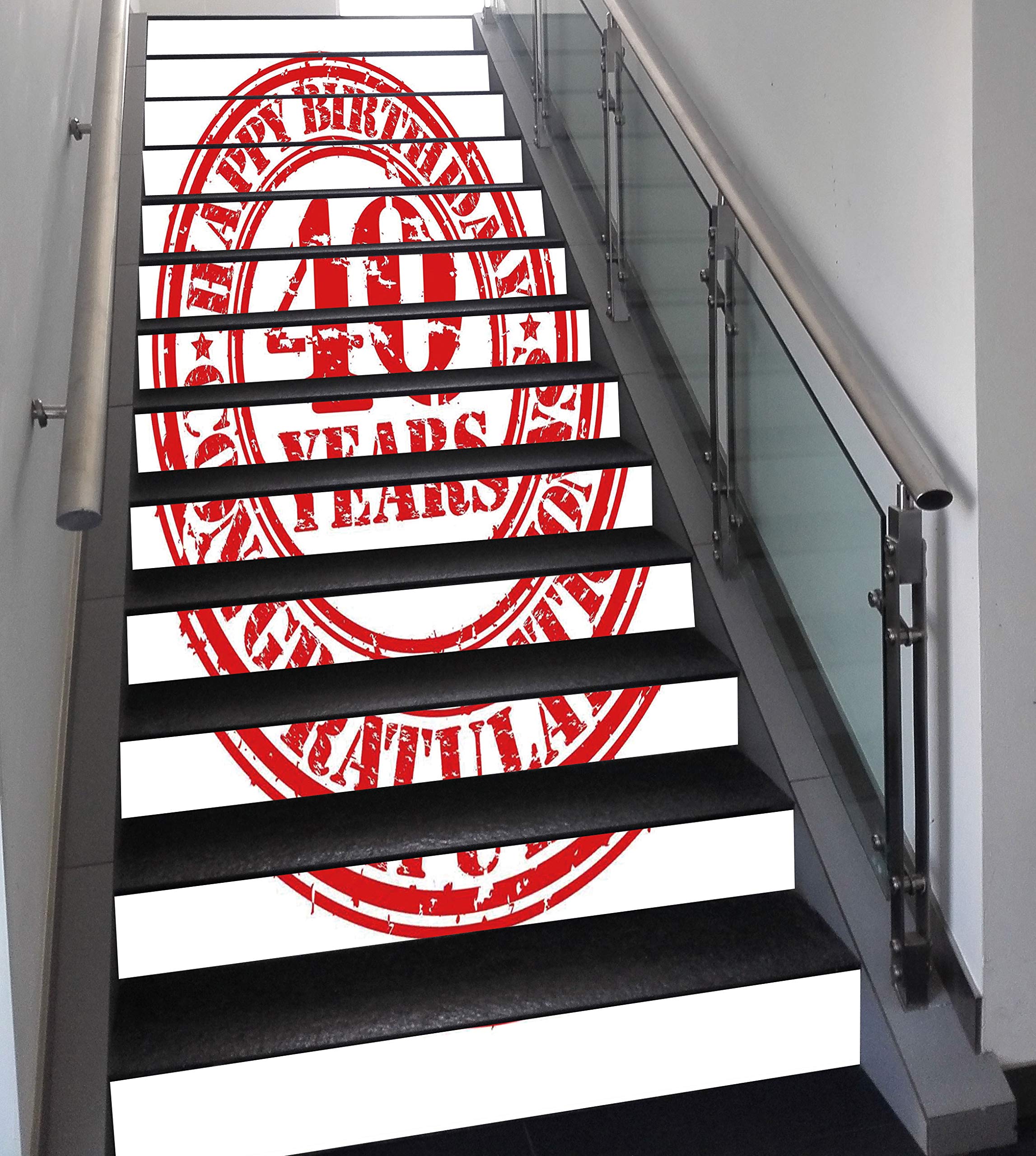 Stair Stickers Wall Stickers,13 PCS Self-adhesive,40th Birthday Decorations,Dated Rubber Stamp with Number Forty Congratulation Grungy Look,Red White,Stair Riser Decal for Living Room, Hall, Kids Room