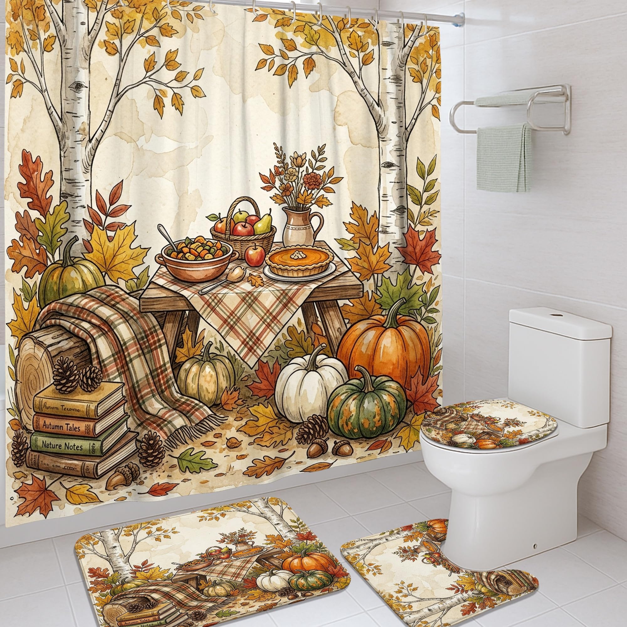 Rideaux de douche citrouilles orange et tapis de bain imperméable automne 183x183cm
