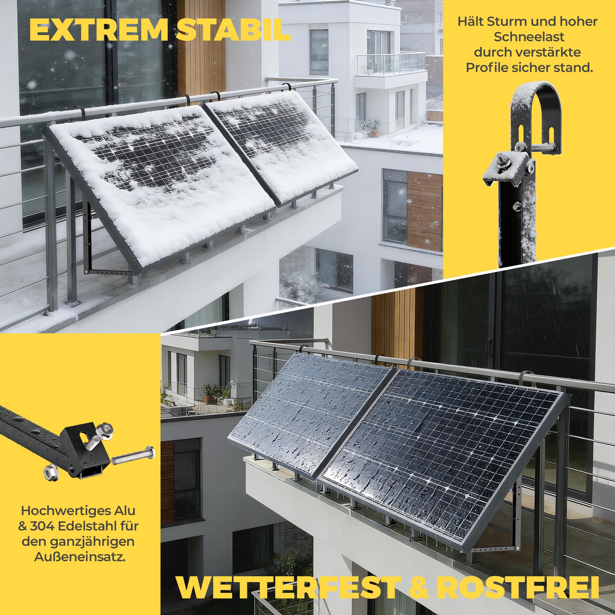 GLIESE Balkonkraftwerk Halterung für 400W-550W Solarmodule - 15°-45° verstellbar aus stabilem Aluminium, inkl. Haken für rundes Geländer - Für Balkon, Flachdach, Wand (Schwarz)