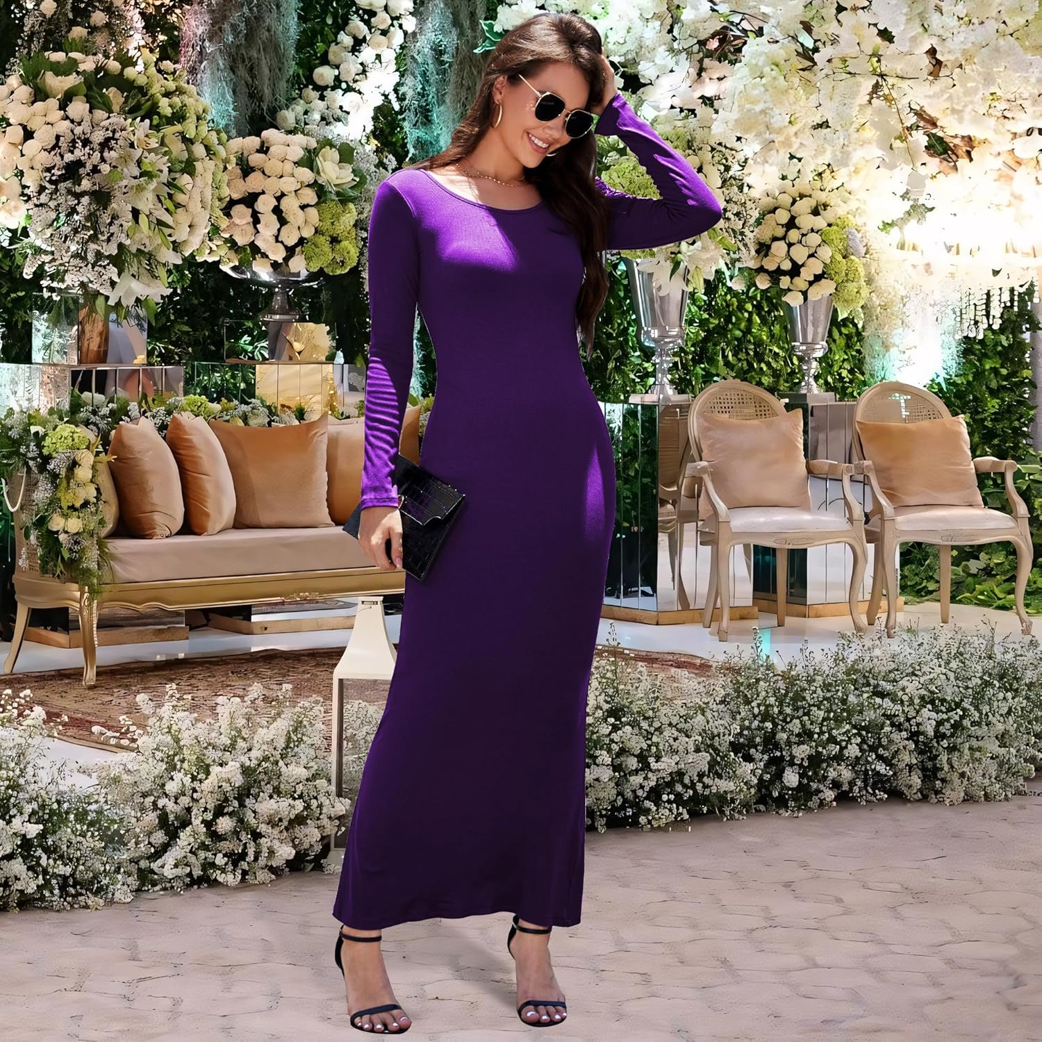 Long Sleeve Maxi Dress for Women Bodycon Ribbed Tight Sexy Long Sleeve Lounge Fall Casual Dresses - Image 2