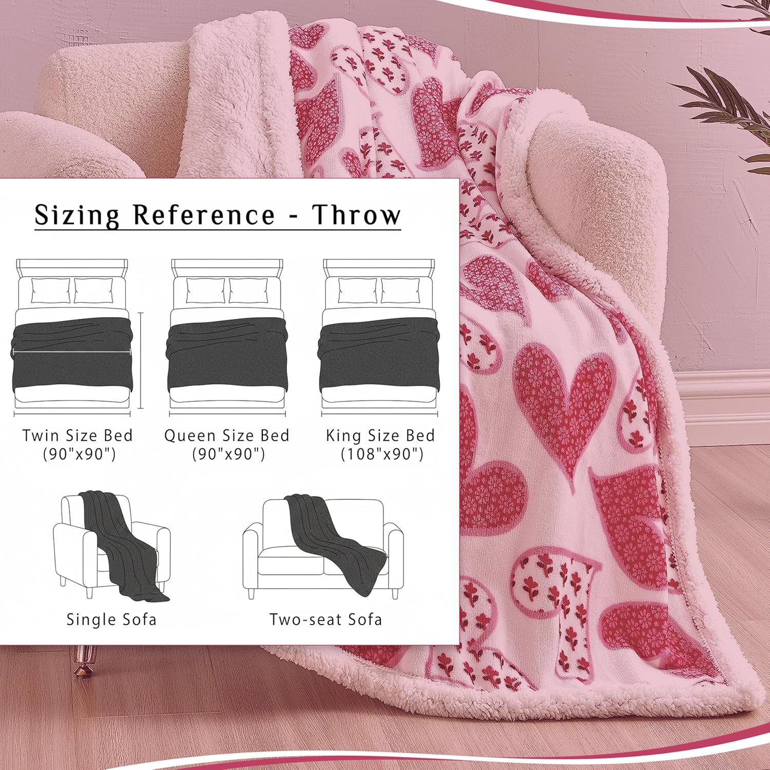 Heart Blanket – Ultra Soft Microplush Throw 50"x60" | Cozy Love Theme Gift for Couch, Bed, Travel, Valentine’s Day & More | Washable | Whimsical Hearts with Sherpa Backing - Image 7