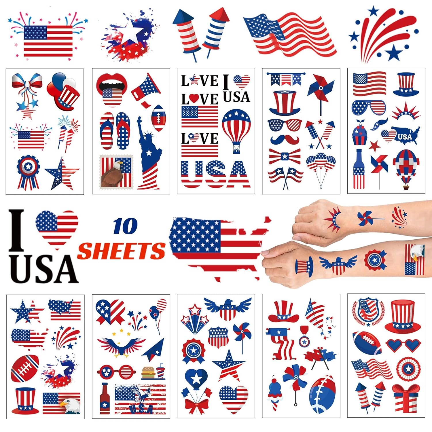 10 Sheets USA Tattoos Temporary, 80 Patriotic Tattoos, 4th of July Temporary Tattoos, American Flag Red White and Blue Tattoo, USA Face Tattoo
